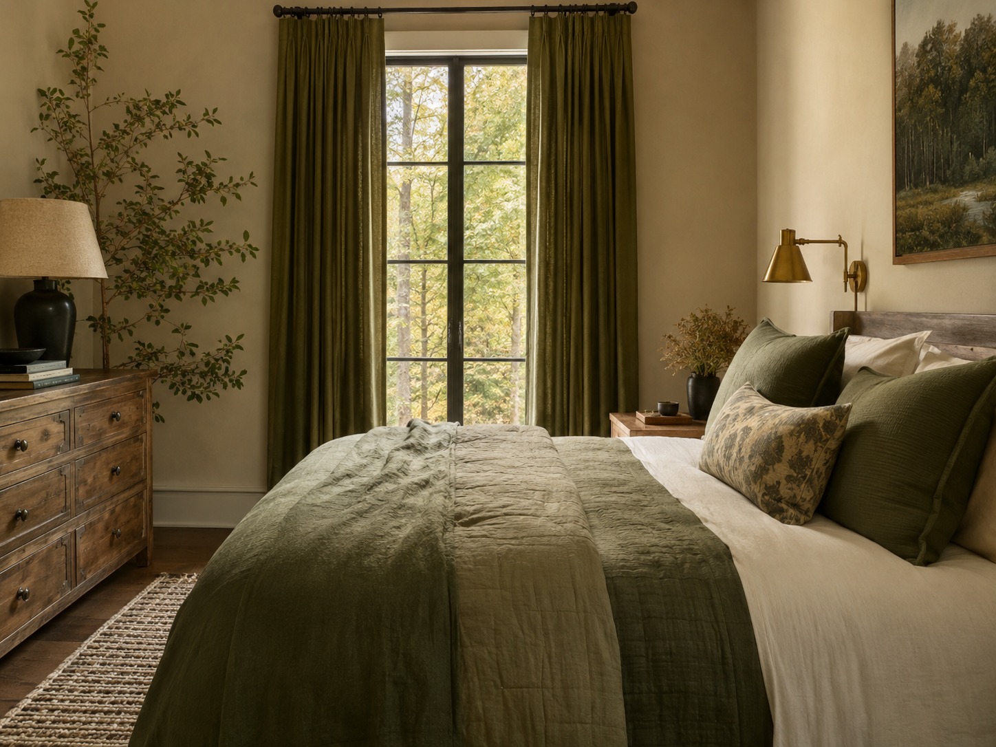Chambre apaisante en vert mousse et kaki avec textiles naturels et bois foncé.