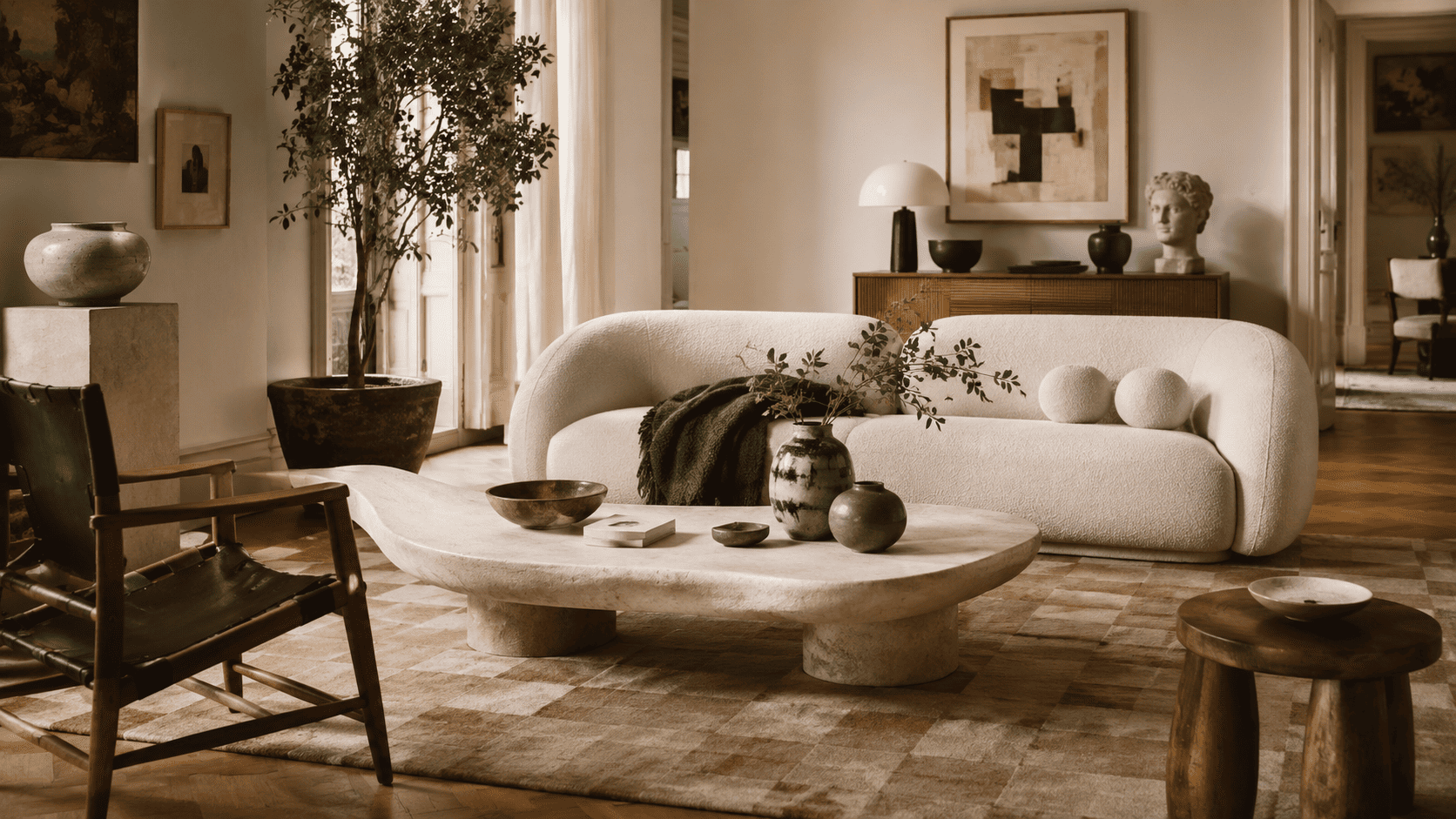 Intérieur contemporain avec tapis damier discret, canapé clair et objets déco chaleureux.
