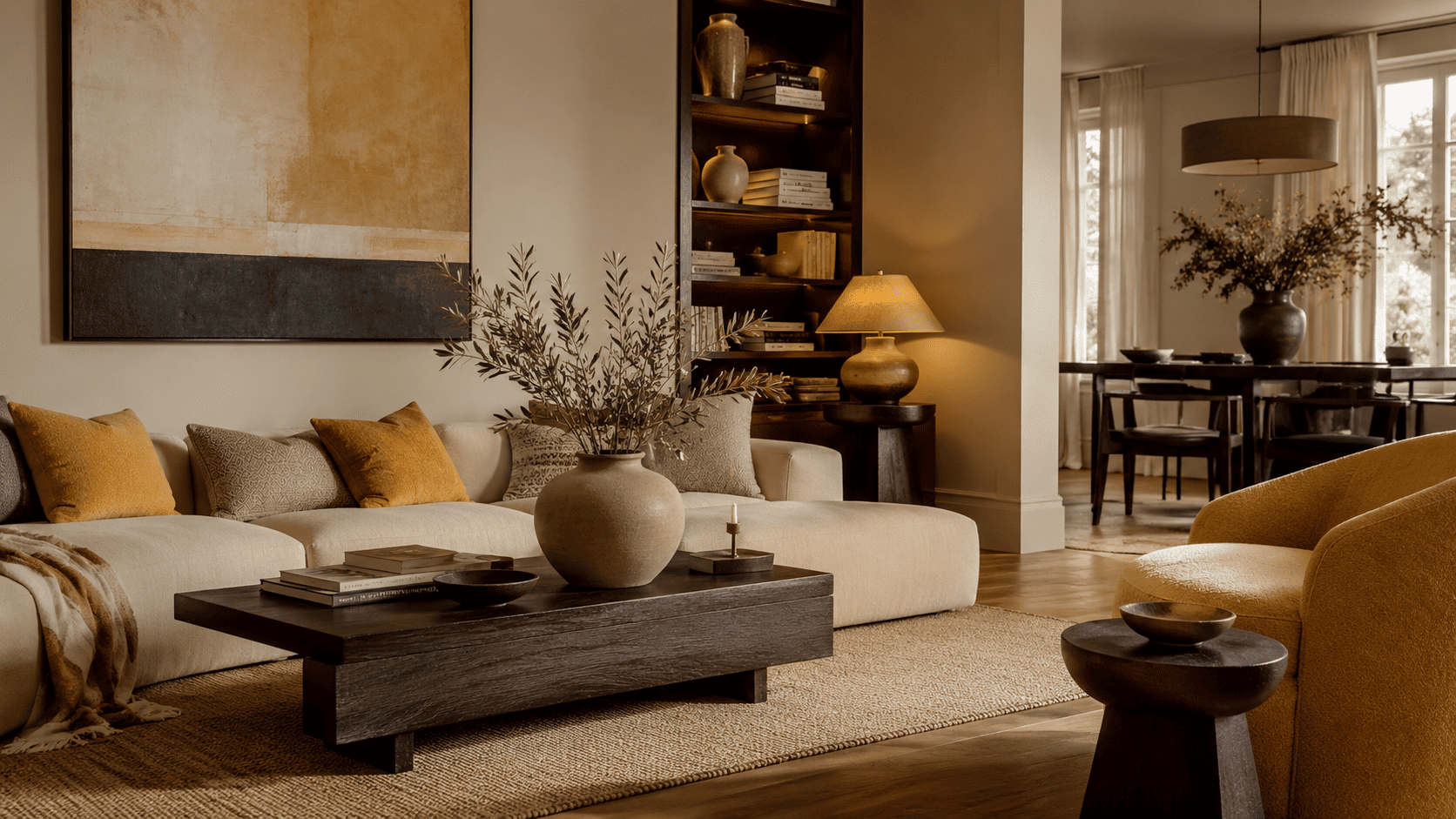Salon contemporain 2026 avec touches jaune beurre, canapé clair, bois foncé, céramique et lumière douce.