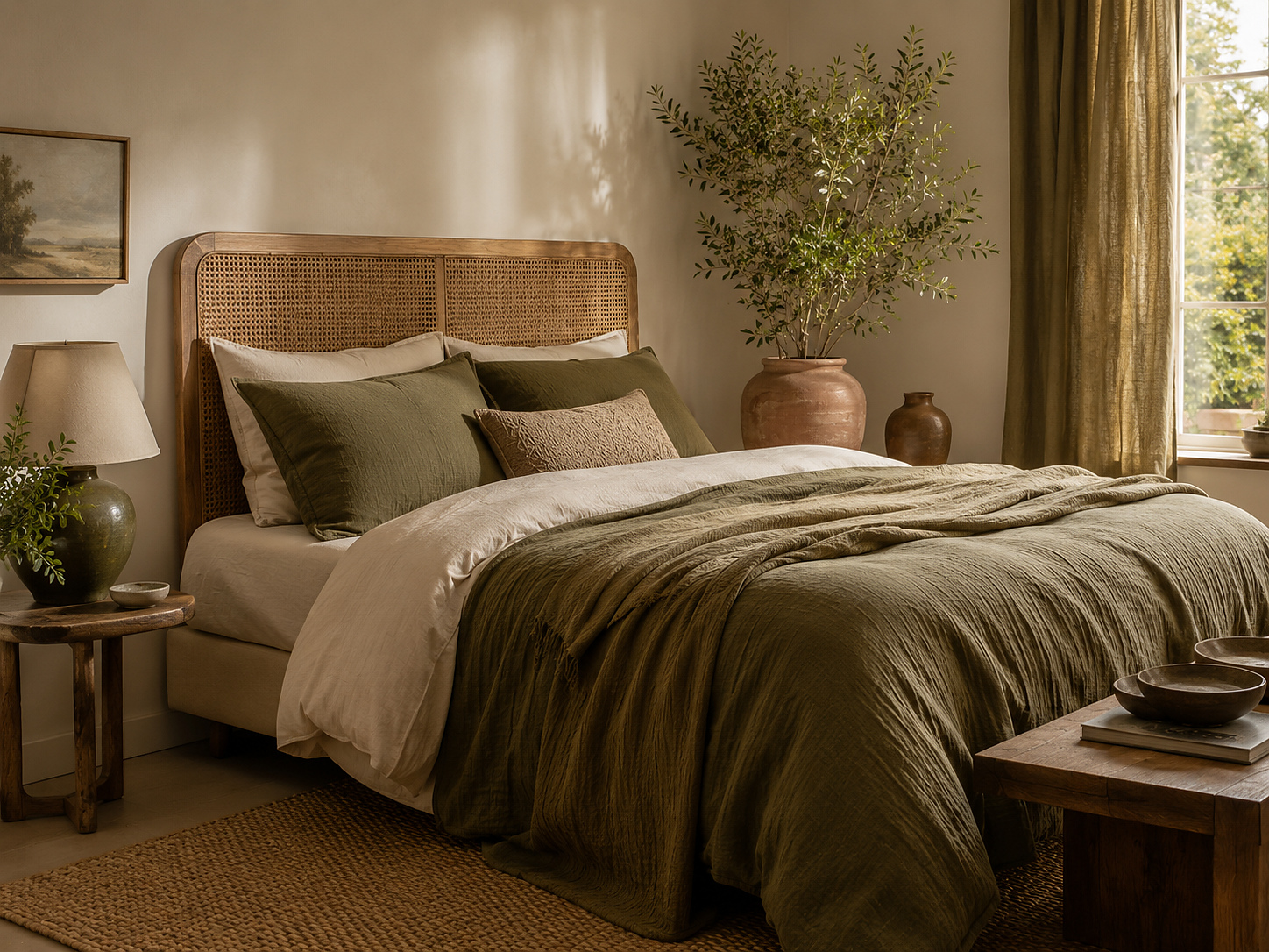 Chambre apaisante avec linge de lit kaki, cannage, bois foncé et céramiques terreuses.
