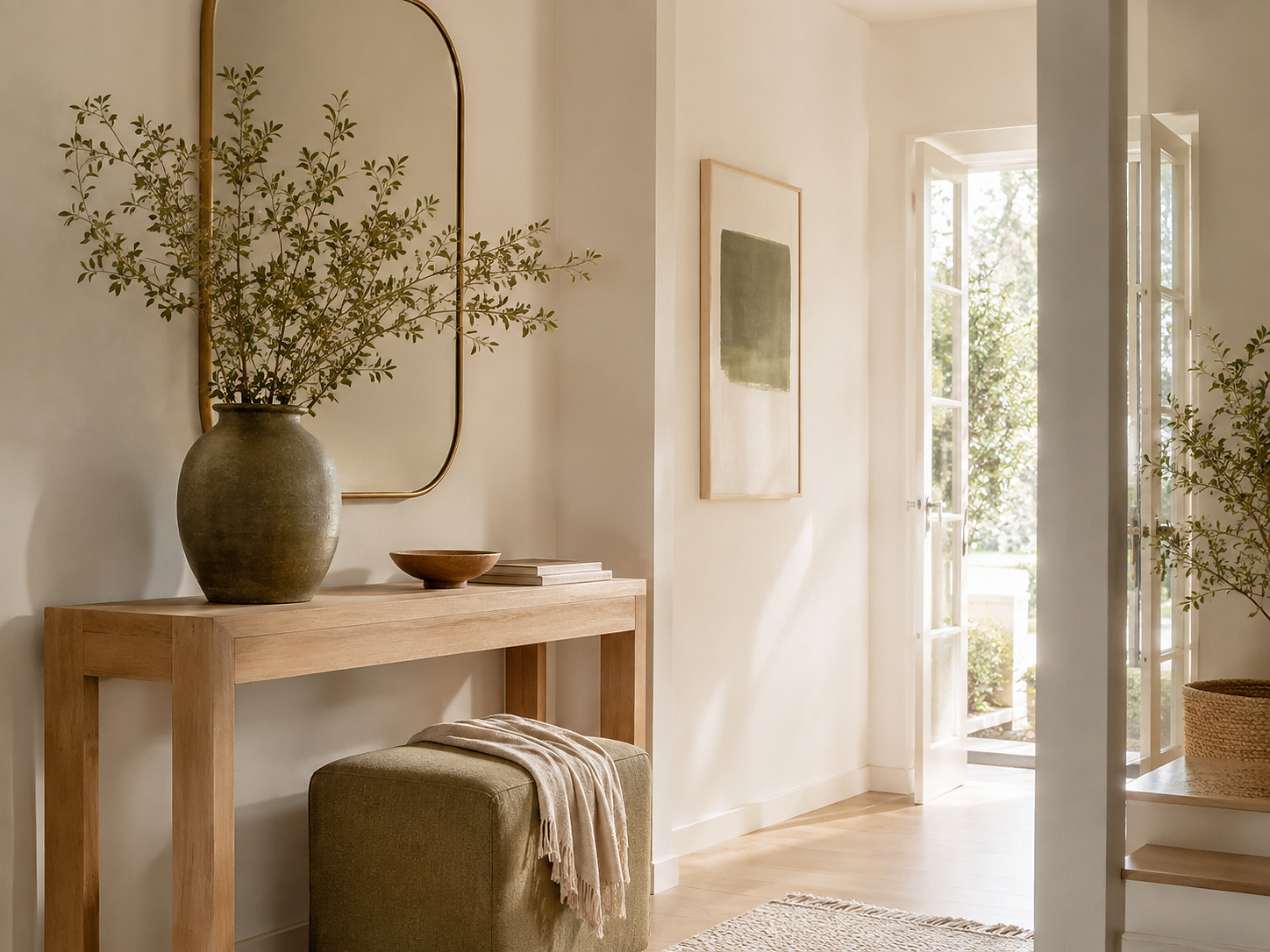 Entrée lumineuse avec console en bois clair, assise kaki et grand vase vert kaki.