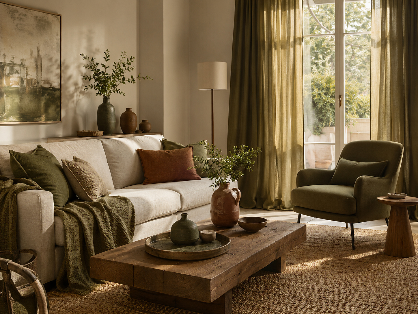 Salon kaki, beige et bois avec lumière naturelle chaude