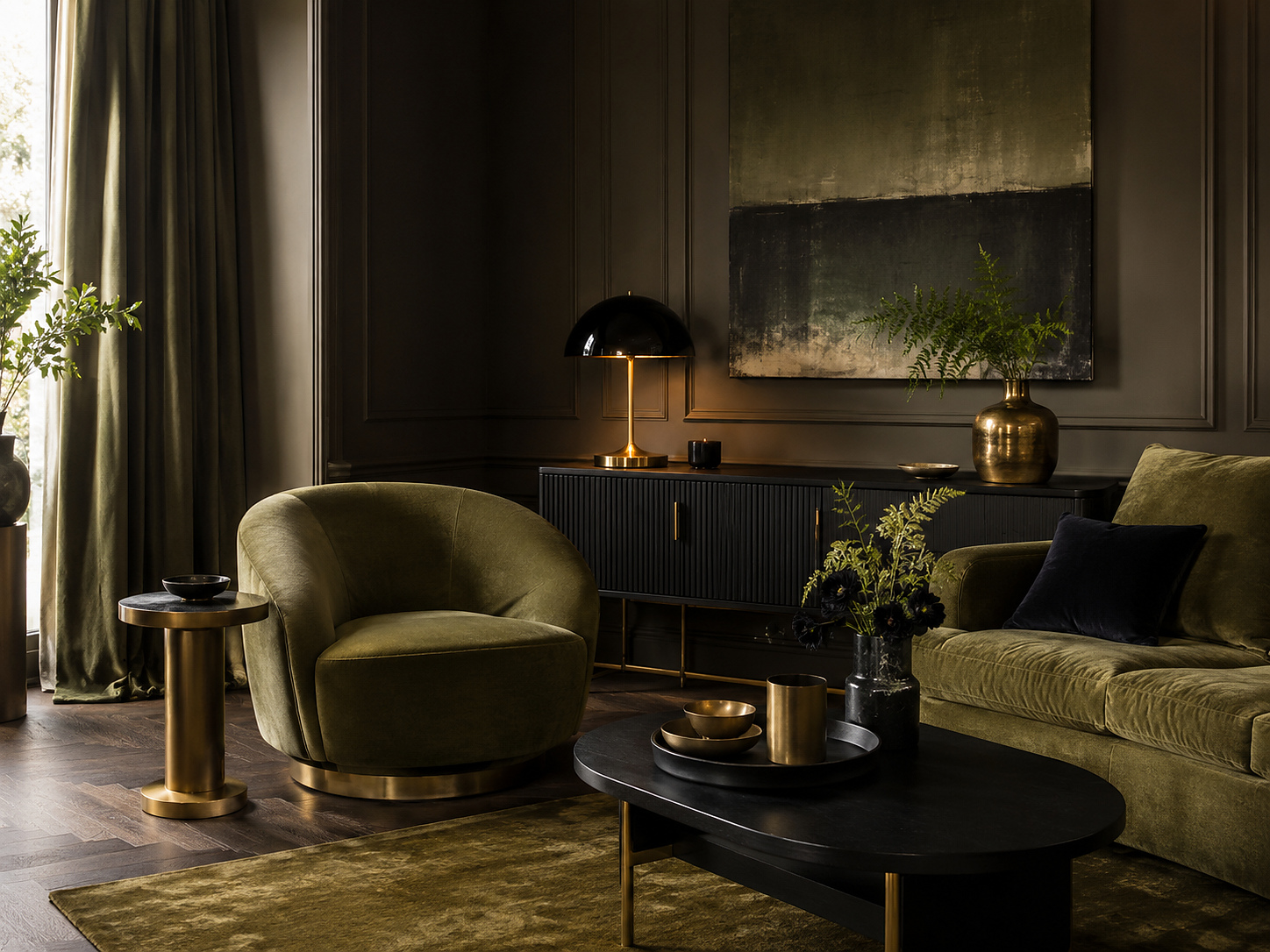 Salon kaki foncé en velours avec noir mat et accents de laiton chaud.