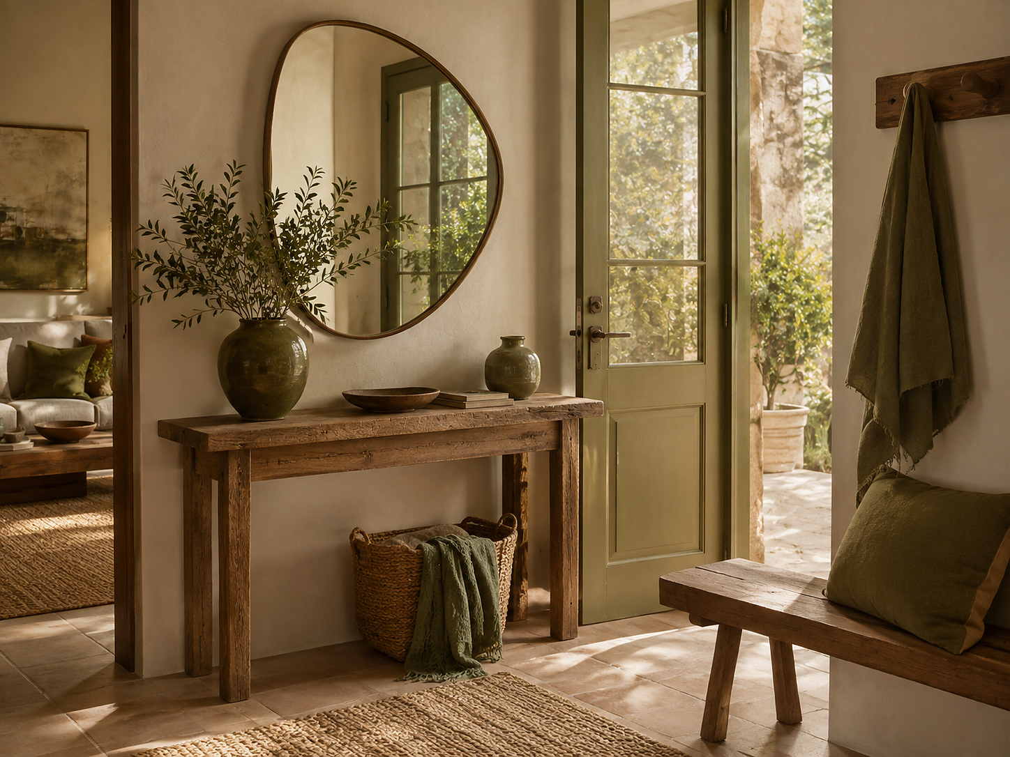Entrée en kaki olive avec bois brut, céramiques et lumière naturelle chaude.