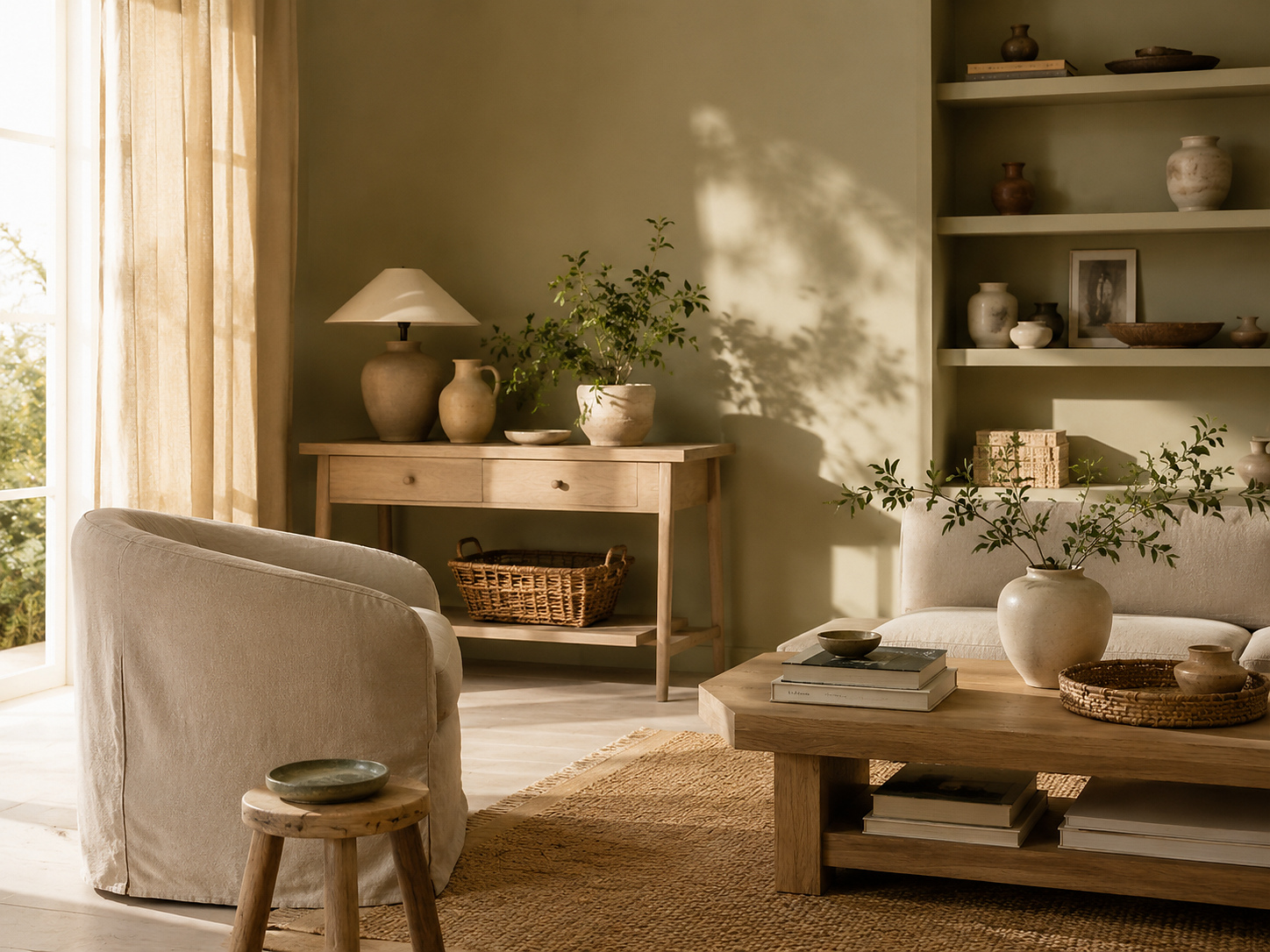 Salon lumineux en kaki sable, beige chaud, bois clair et matières naturelles.