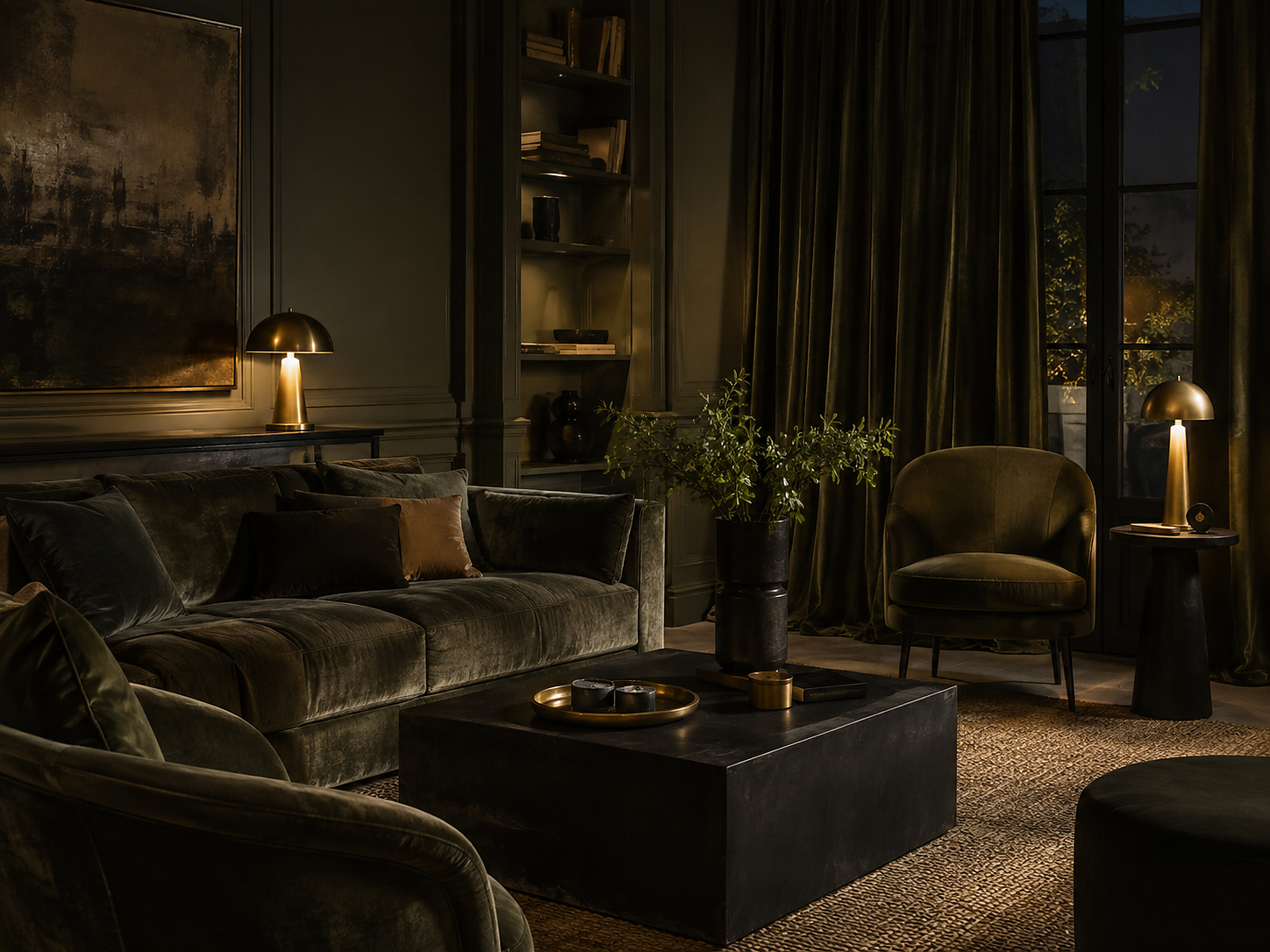 Salon kaki profond avec velours, laiton, noir et bois sombre dans une ambiance feutrée.