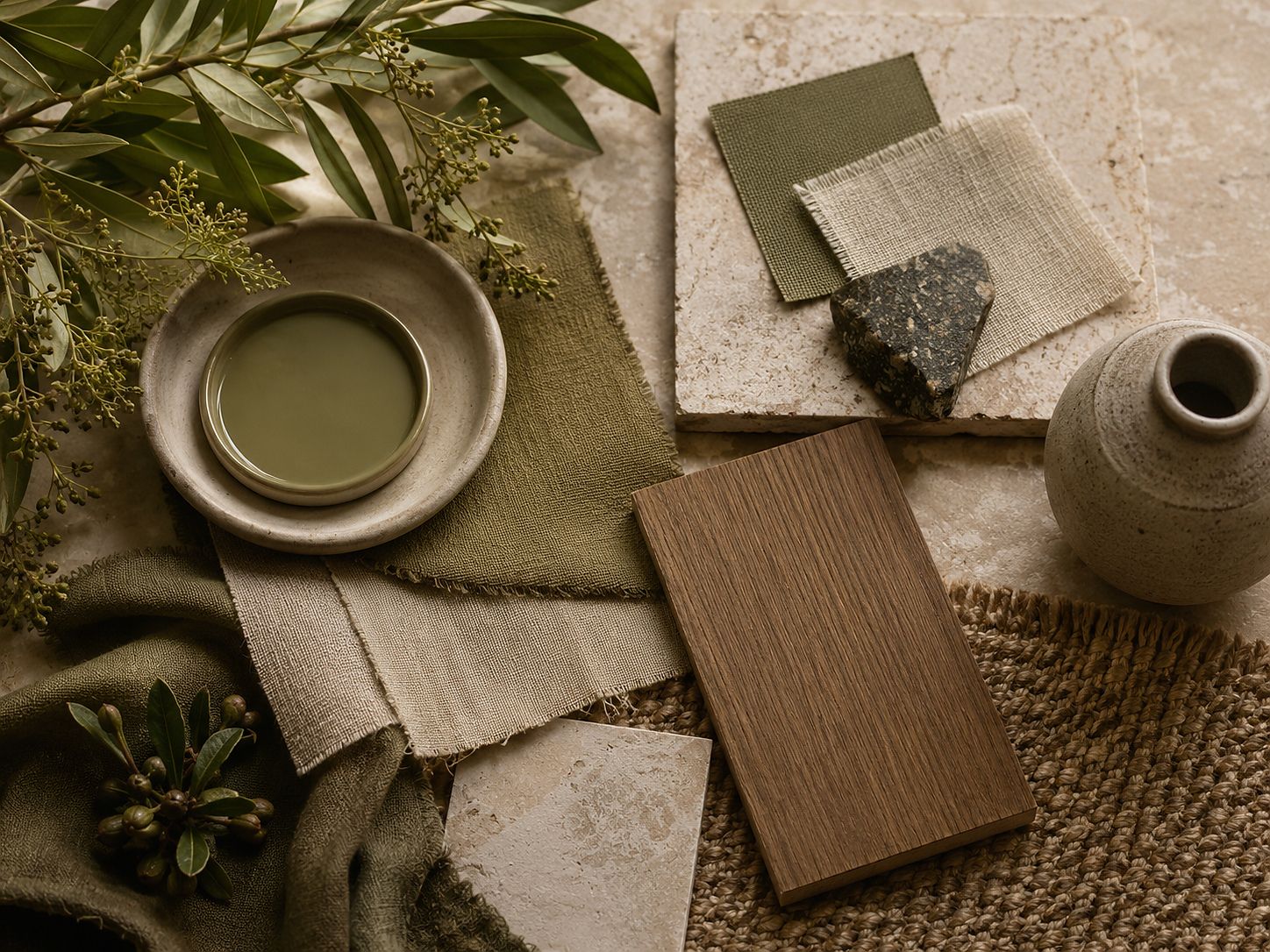 Palette de matières kaki avec textiles olive, lin beige, bois, pierre et fibres naturelles.