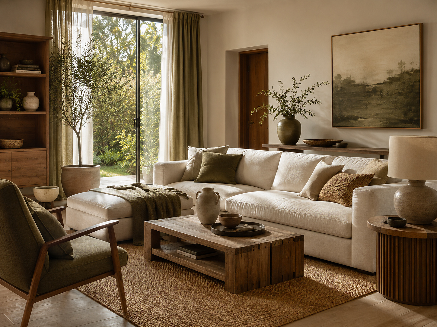 Salon contemporain avec canapé clair, fauteuil et textiles kaki, bois brut et matières naturelles.