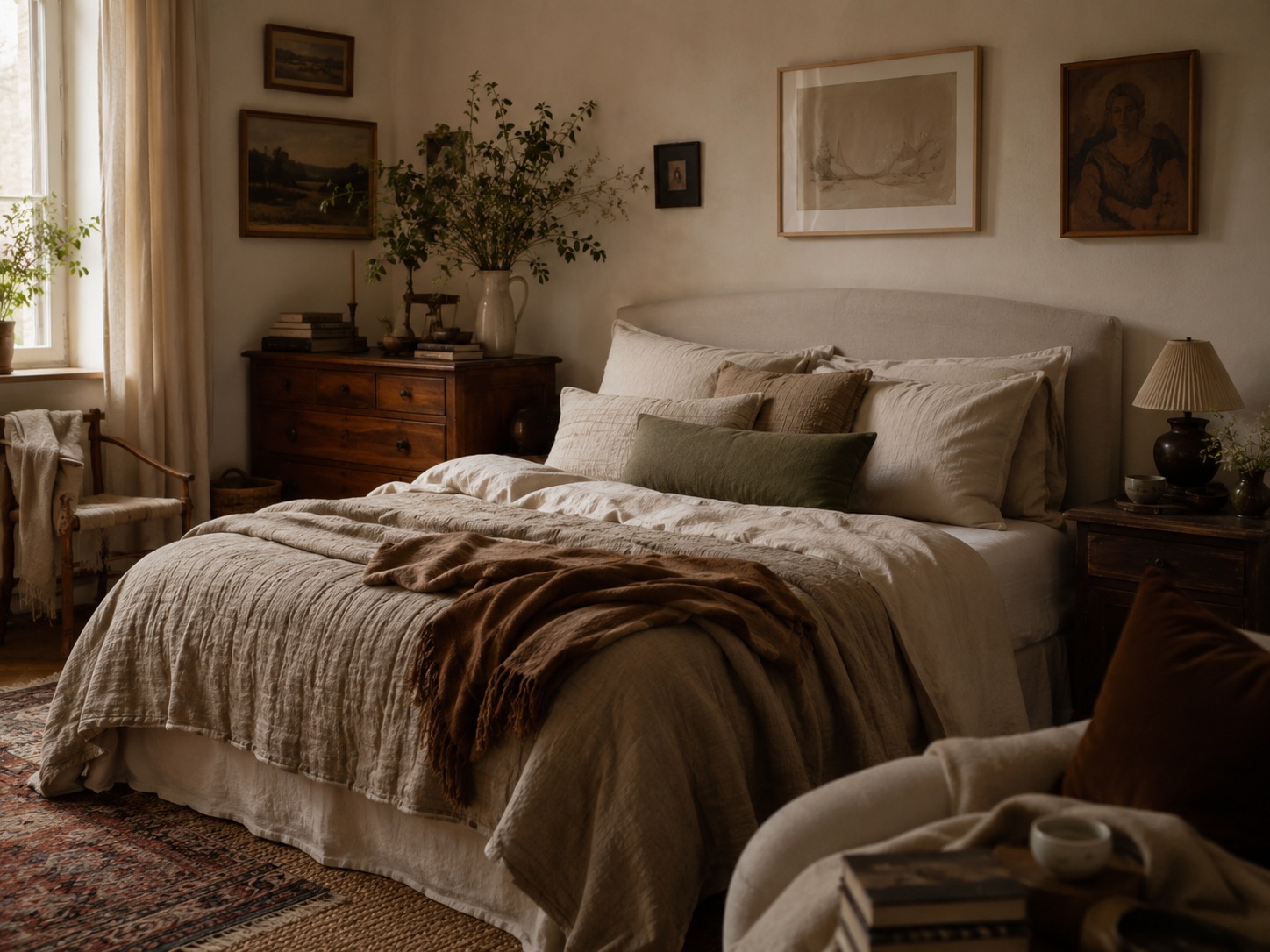 Chambre lived-in avec linge de lit texturé, meubles en bois et tableaux personnels