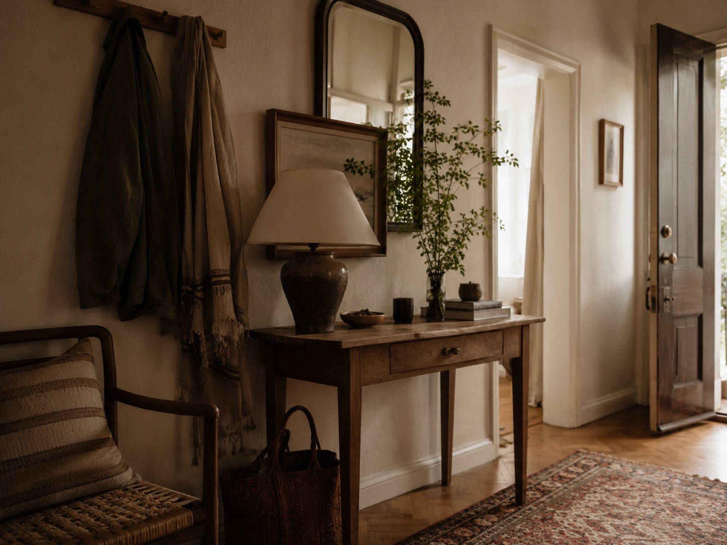 Entrée lived-in avec console en bois, lampadaire, miroir et accessoires du quotidien