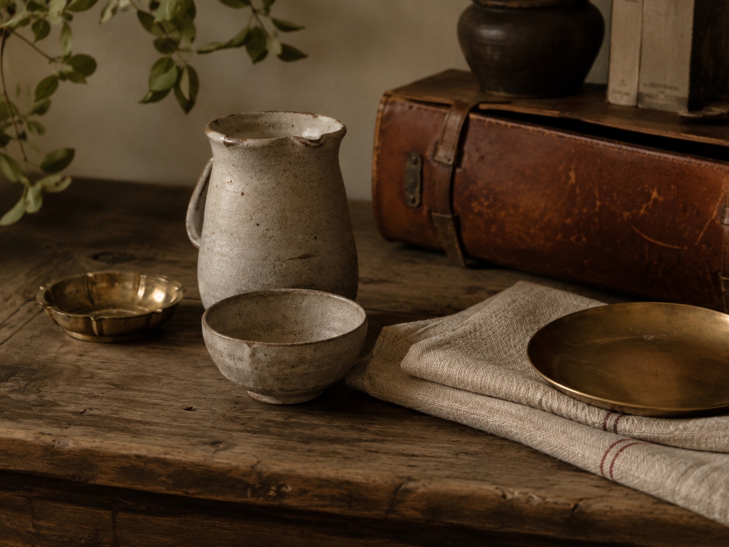 Nature morte de céramiques, laiton et linge sur bois patiné