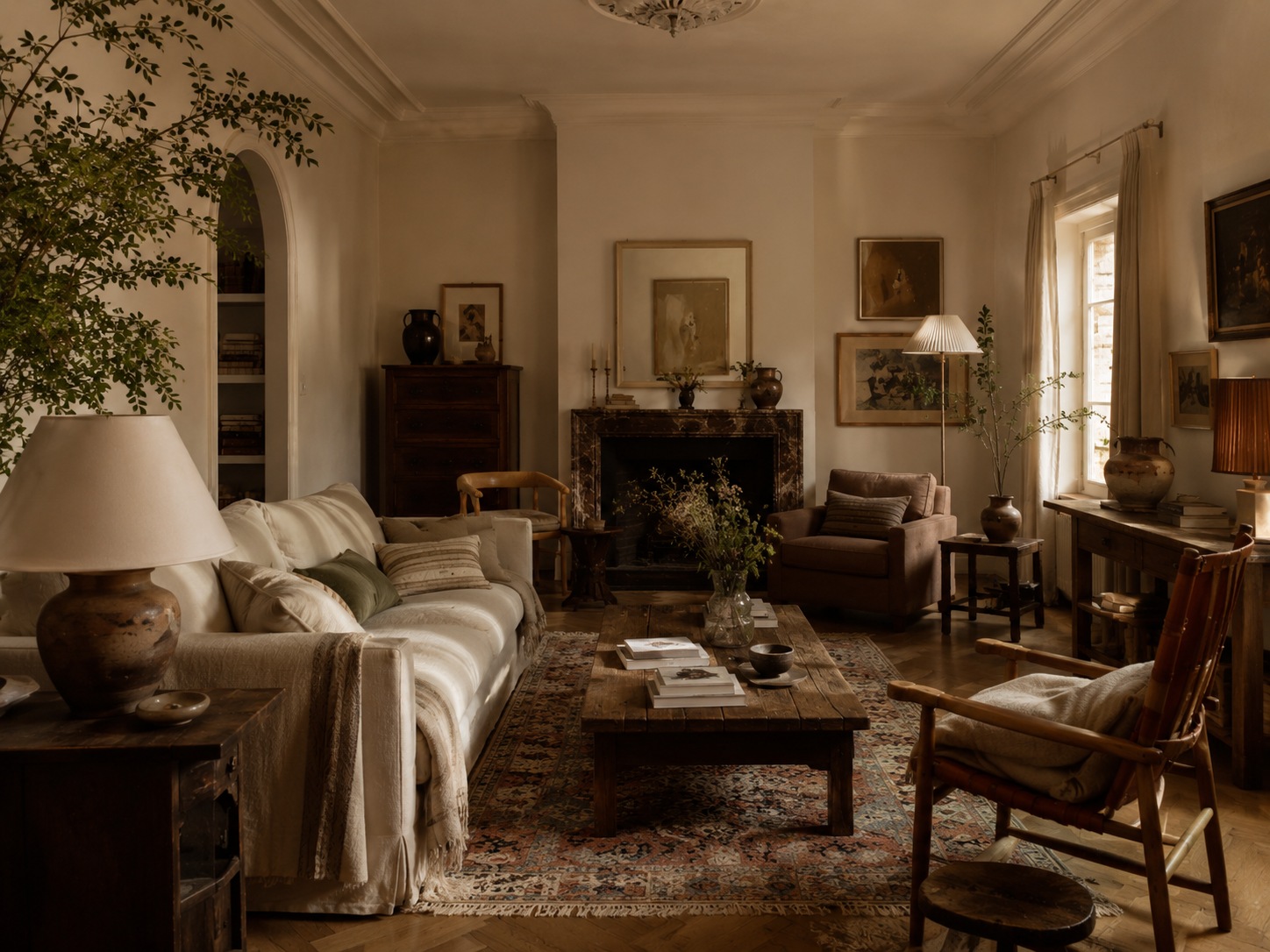 Salon personnel mêlant mobilier ancien et contemporain avec lumière douce et objets choisis dans le temps