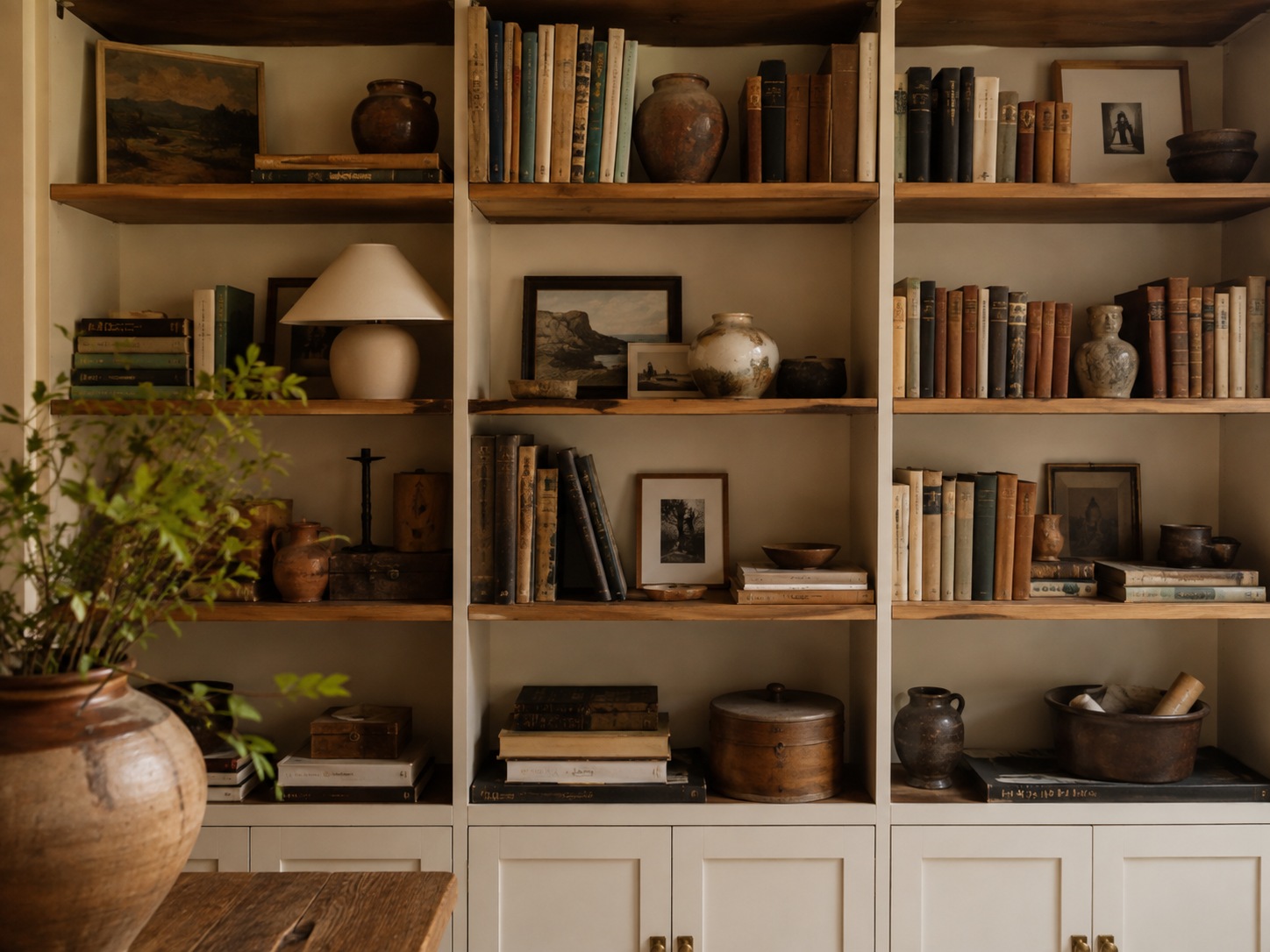Bibliothèque avec livres lus, céramiques et objets personnels variés