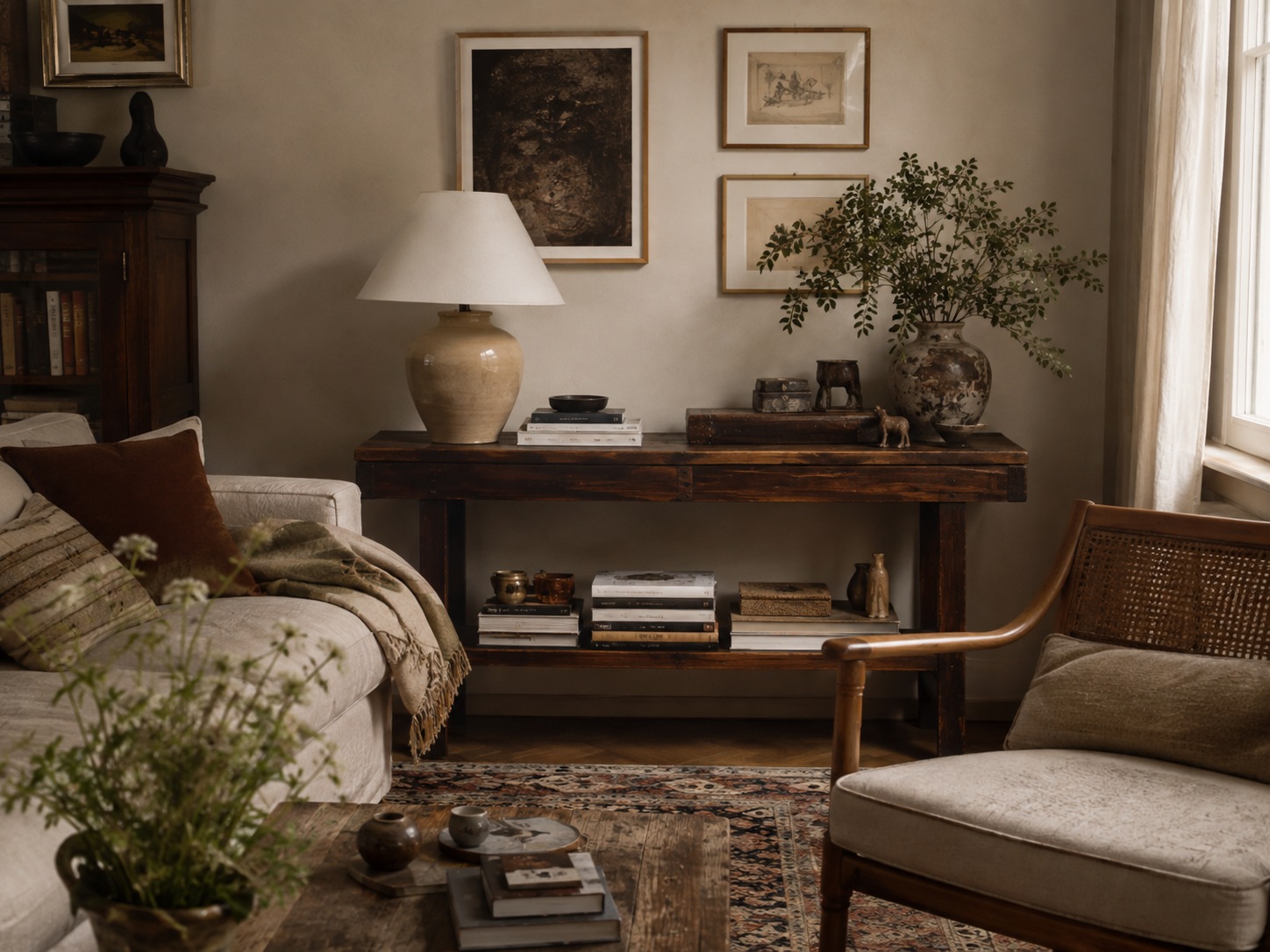 Salon lived-in avec console, lampe, œuvres murales et fauteuil en matière naturelle