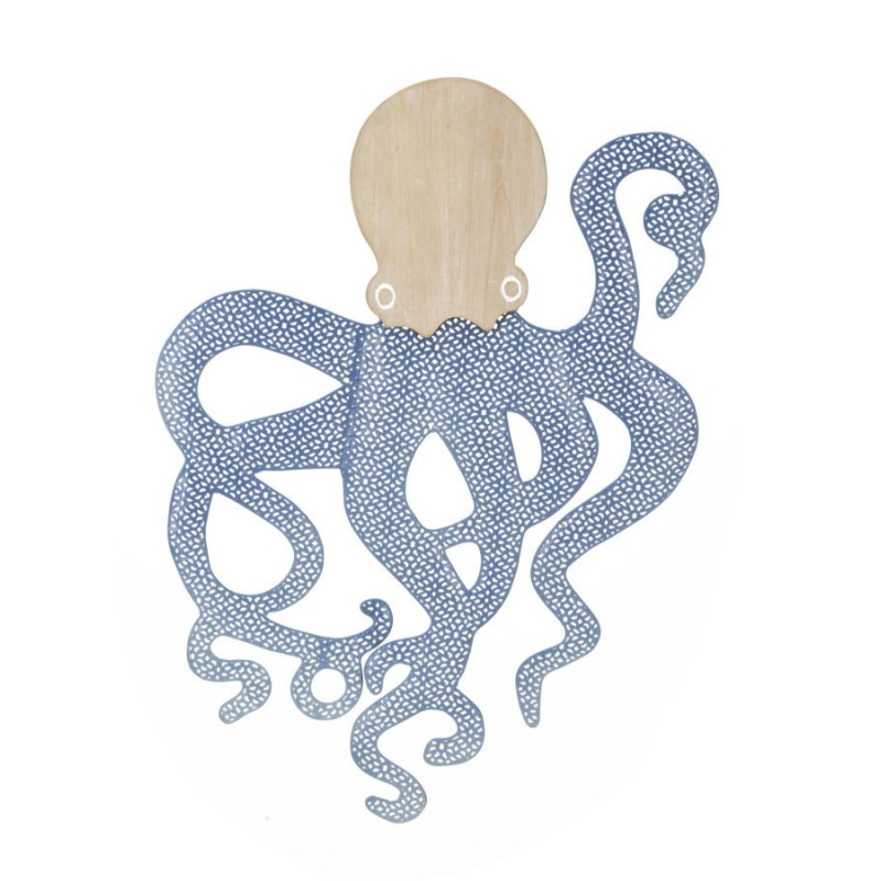 Déco murale originale Zalyn avec pieuvre en métal bleu, blanc et bois naturel, 41x57 cm