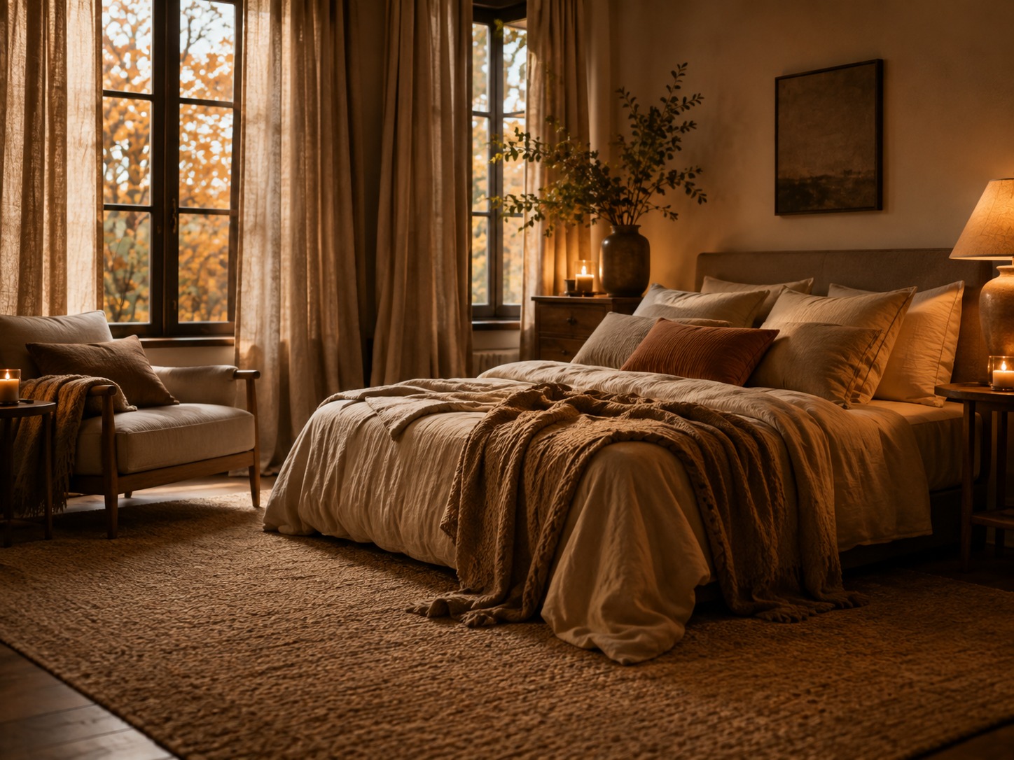 Chambre apaisante avec textiles plus chauds et matières naturelles pour le début de l’automne.