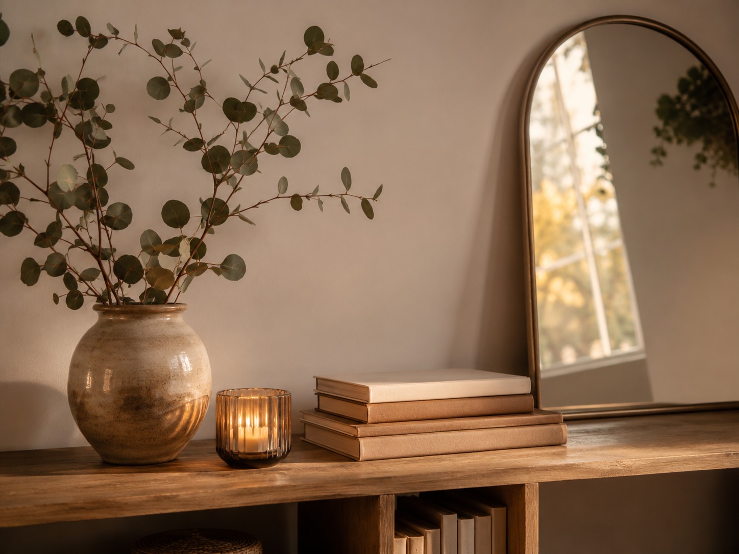 Composition de rentrée avec vase, bougie et objets aux tons naturels sur une console.