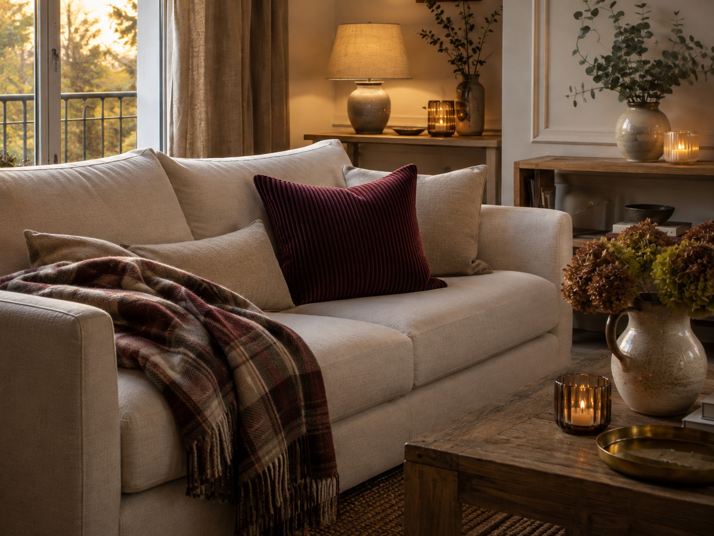 Salon chaleureux de rentrée avec textiles naturels, coussins profonds et lumière douce de septembre.