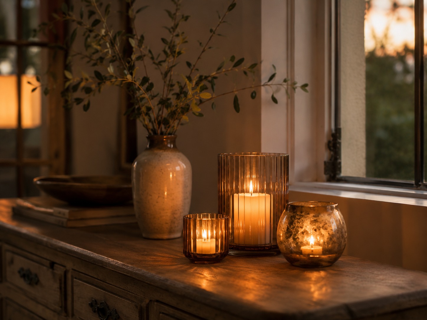 Photophores et bougies sur une console pour créer une lumière de rentrée plus douce.