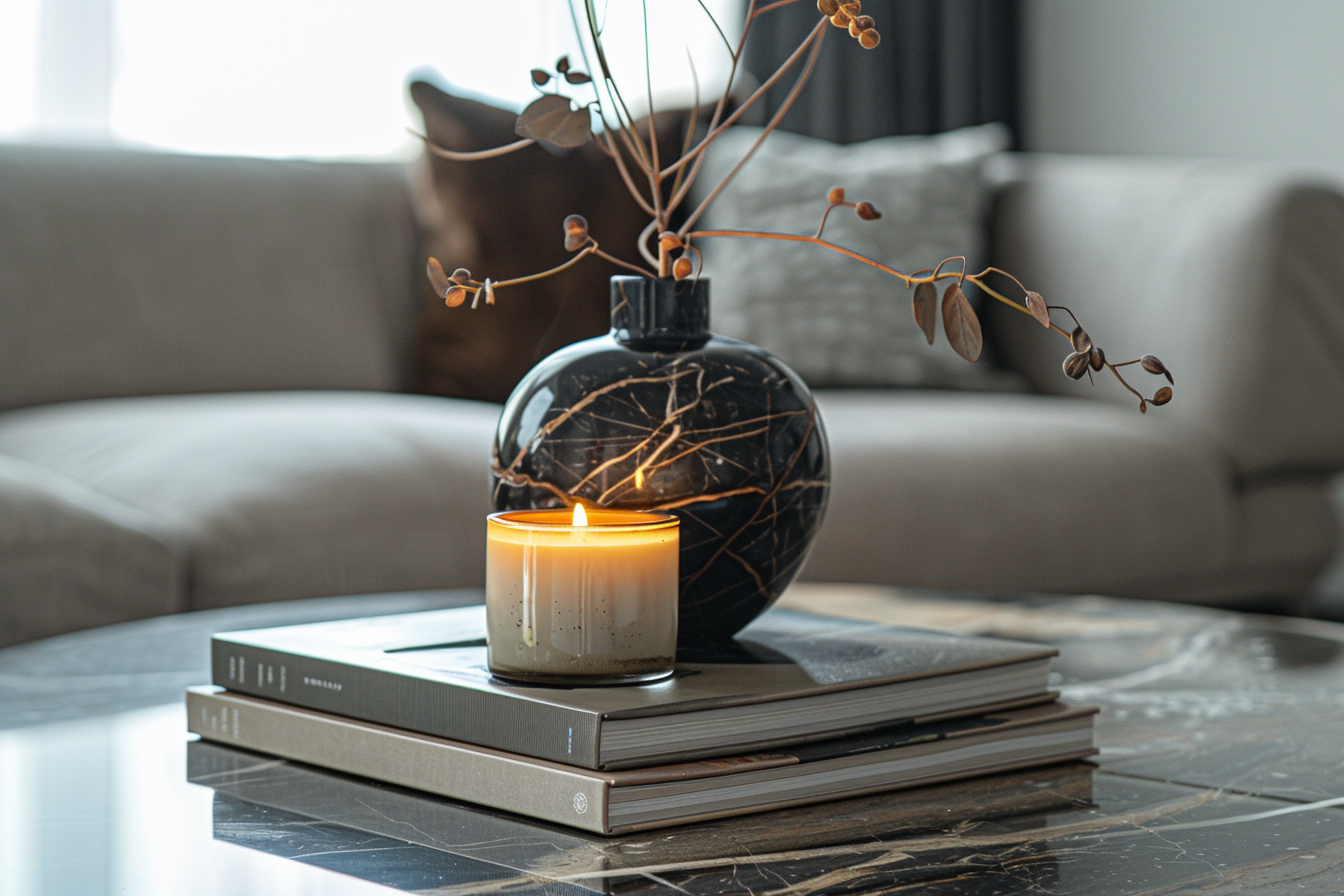 Méthode des 3 couches pour décorer une table basse avec livres, vase et bougie