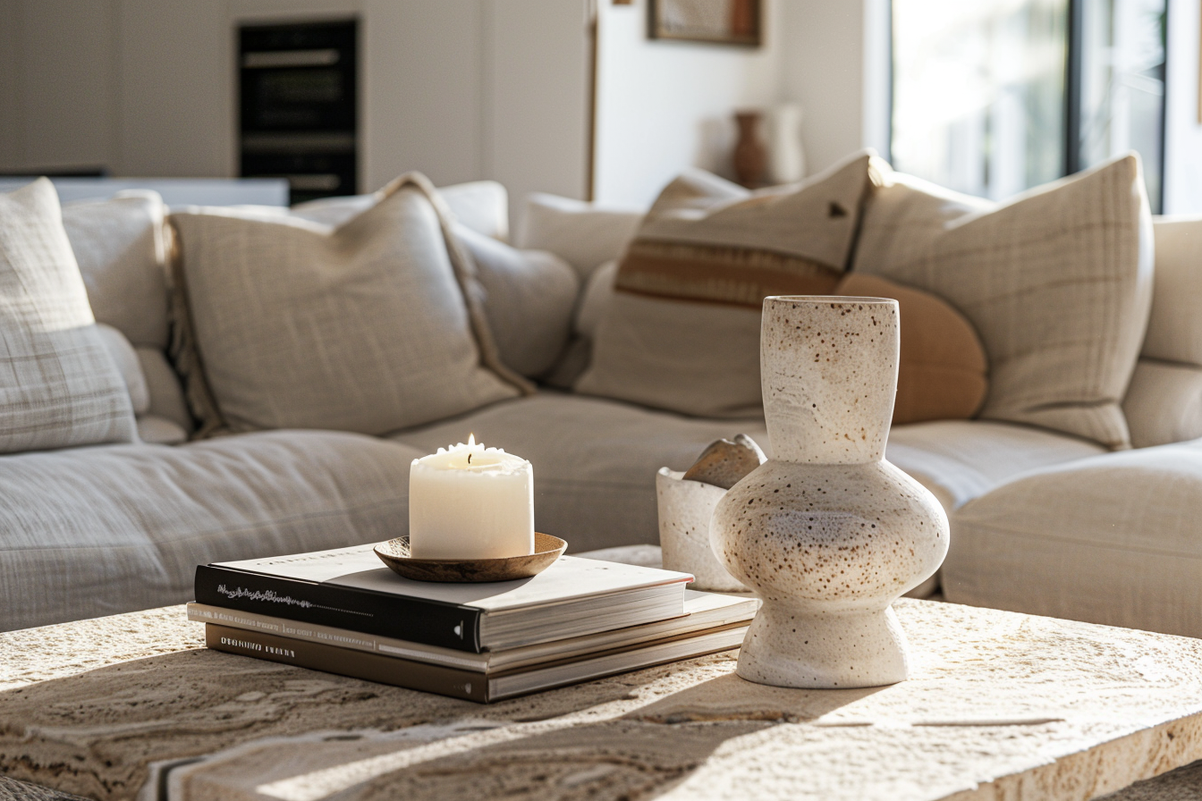 Déco table basse dans un salon accueillant avec livres, vase sculptural et bougie