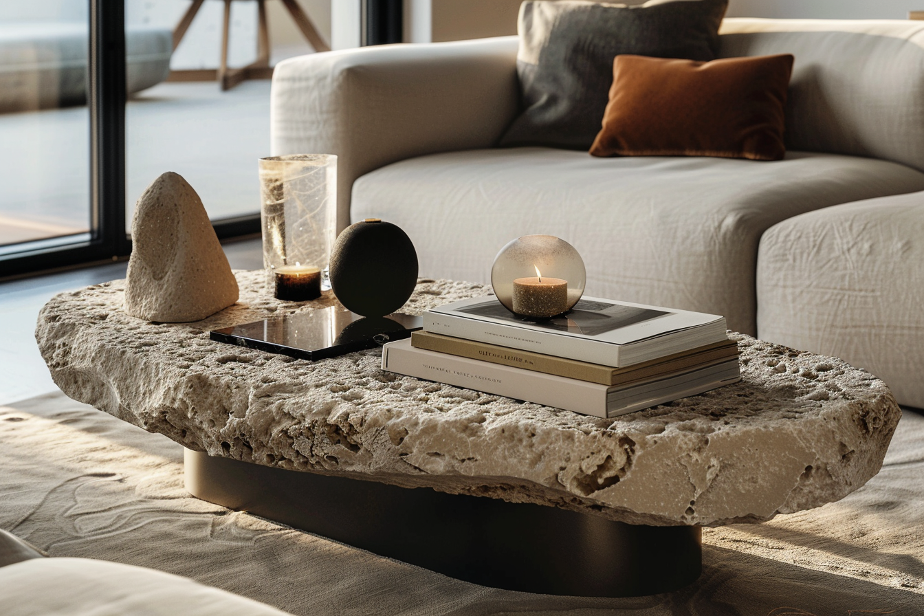 Déco table basse tendances 2026 avec travertin, verre fumé, chrome et formes galets