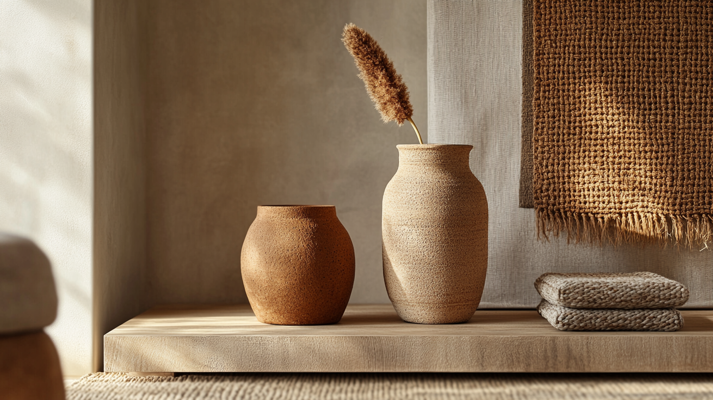 Matières naturelles pour décoration africaine avec bois, terre cuite, lin et fibres tressées