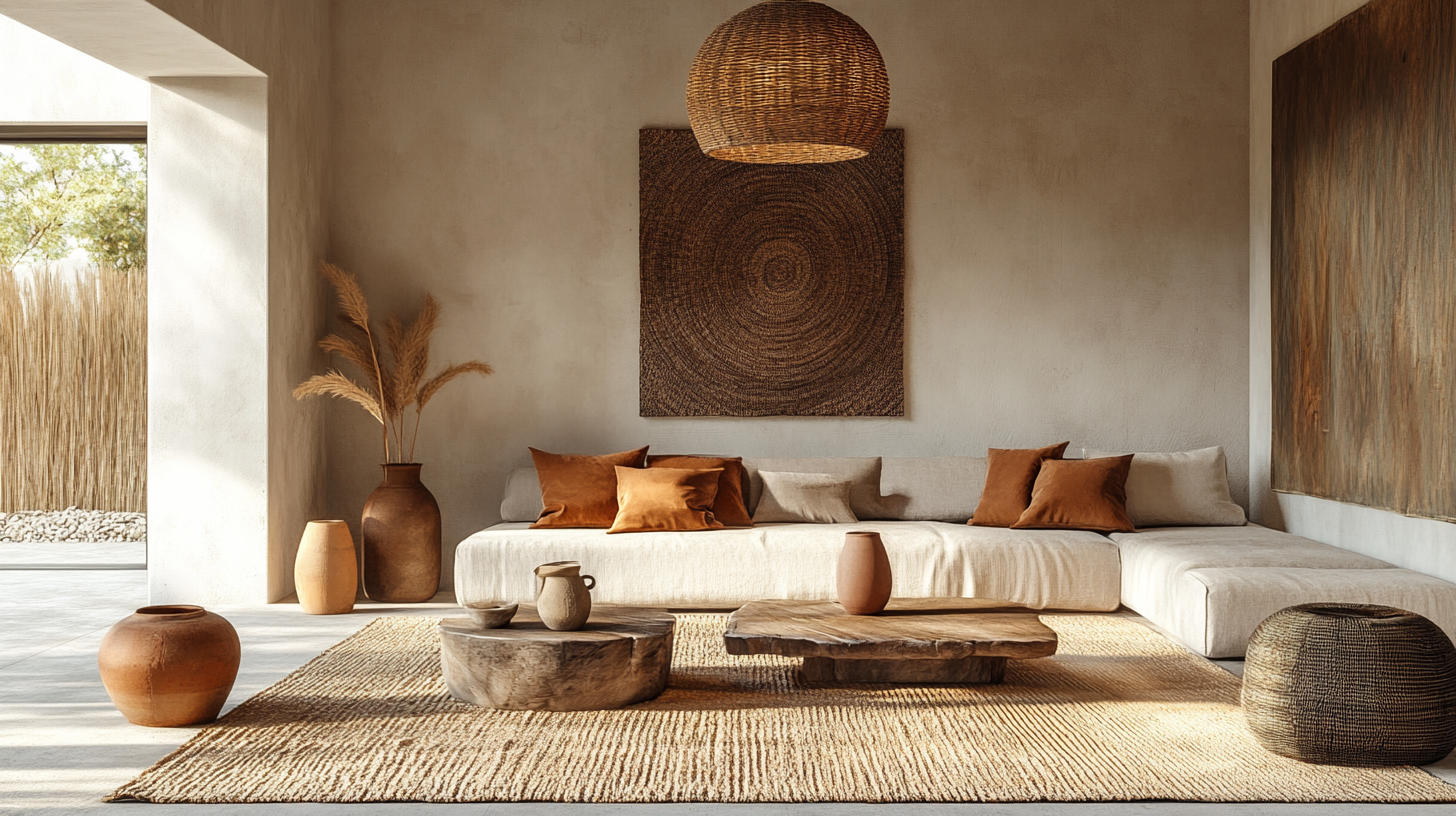 Salon en décoration africaine moderne avec matières naturelles et ambiance chaleureuse