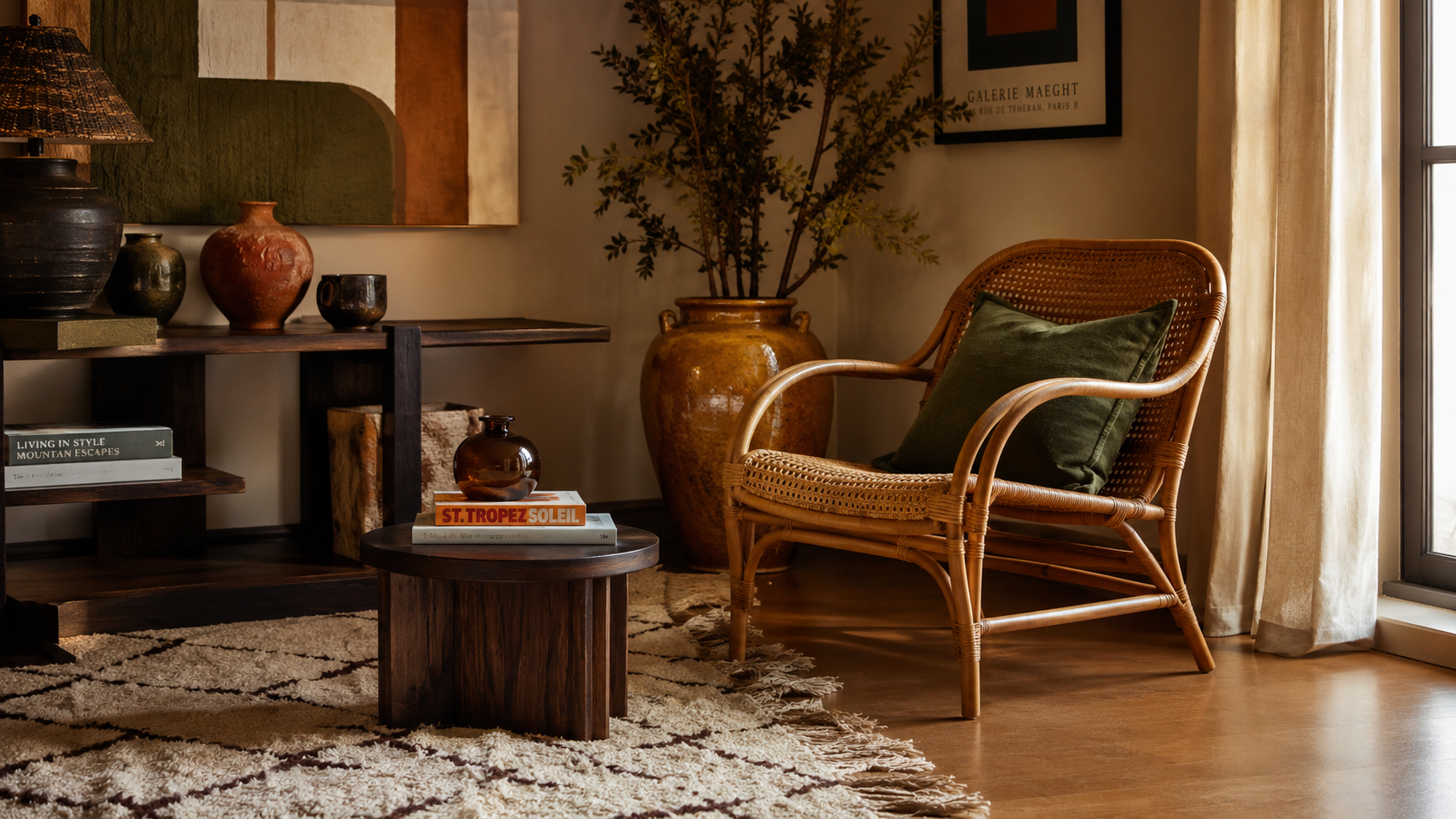 Coin salon seventies avec fauteuil en rotin, vase en céramique ocre, tapis texturé et lumière chaude