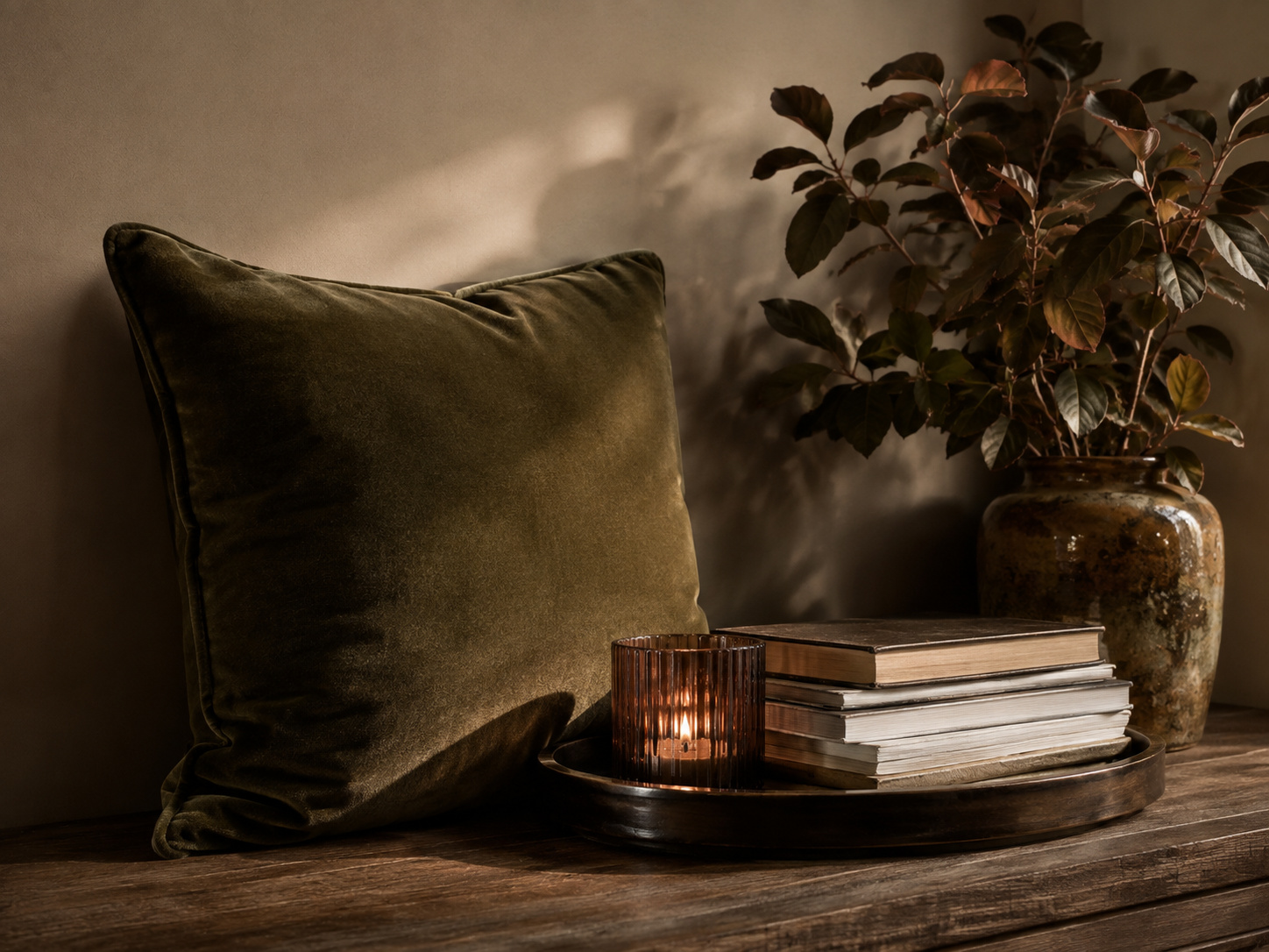 Composition automnale sur table basse avec céramique émaillée, vase, bougie, plateau en métal et bois foncé.
