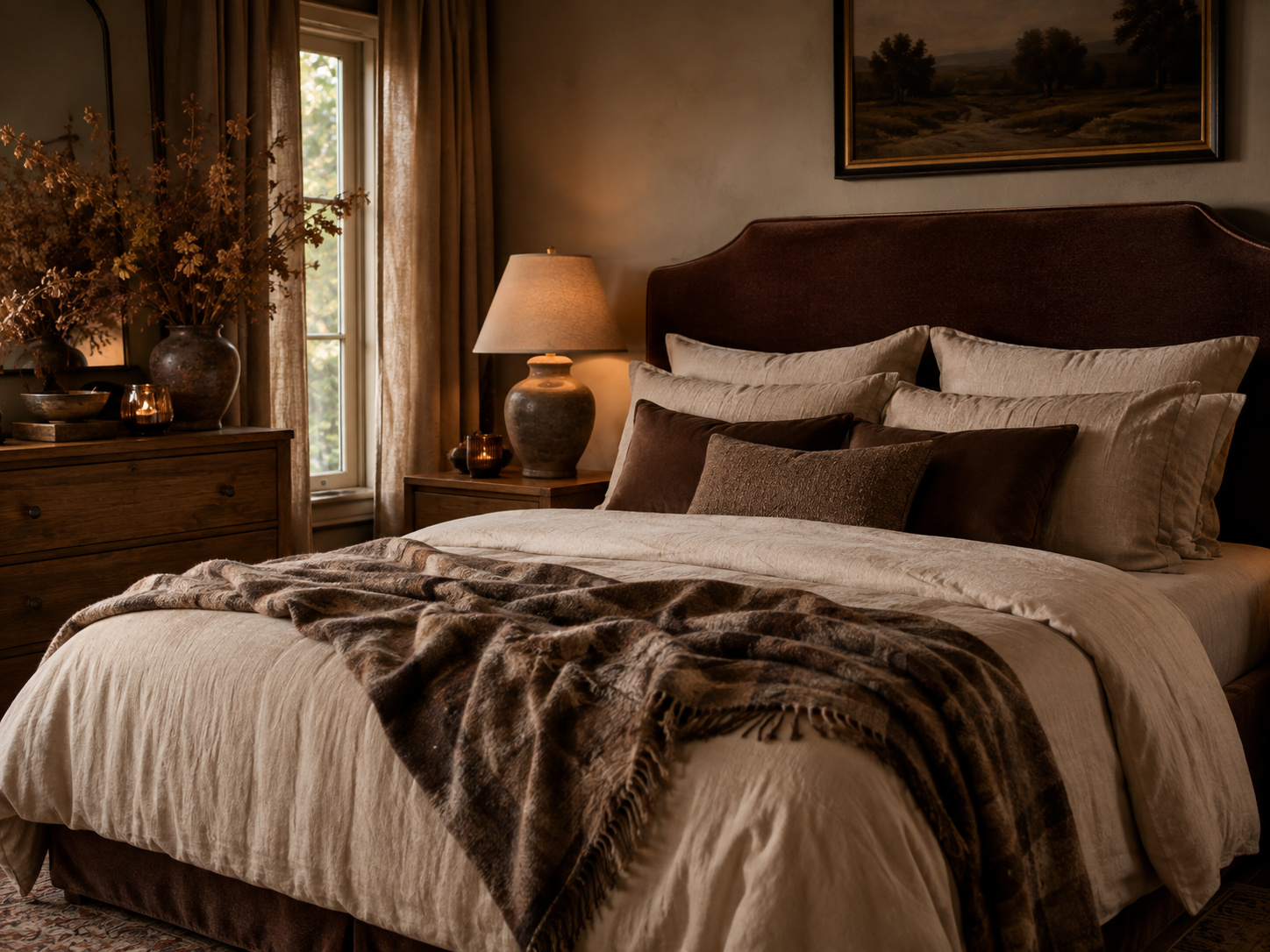 Chambre automnale avec tête de lit brun profond, linge de lit écru, plaid épais et lampe en céramique.