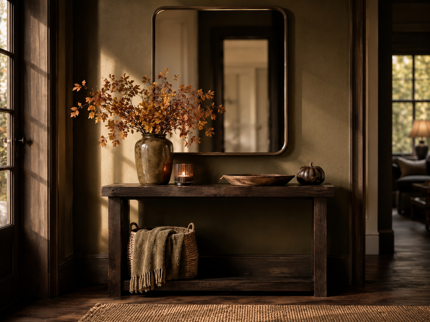 Entrée d’automne avec console en bois foncé, grand miroir, vase de branches séchées et panier tressé.