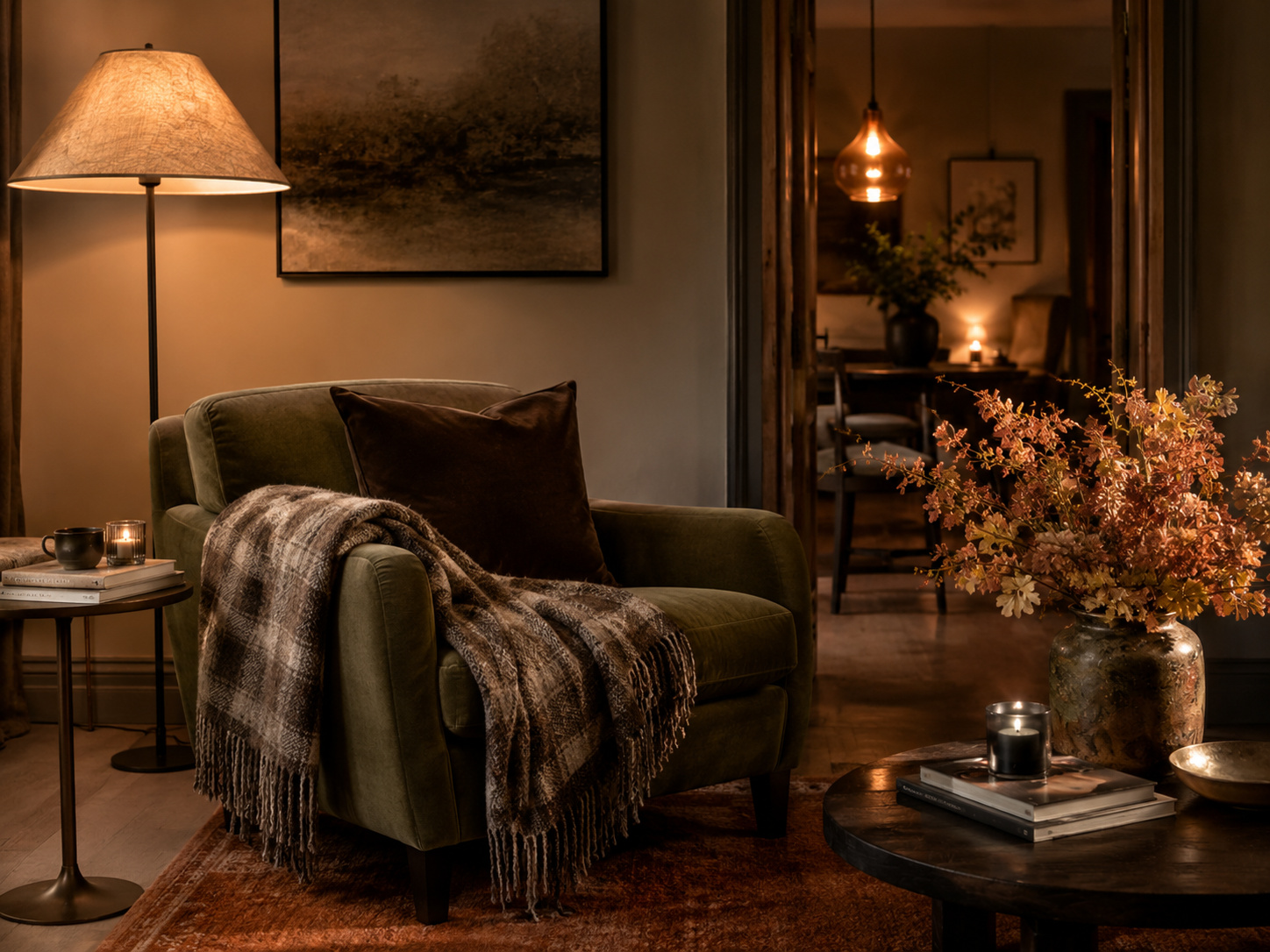 Coin lecture d’automne avec fauteuil vert mousse, plaid en laine, bois foncé et lumière chaude.