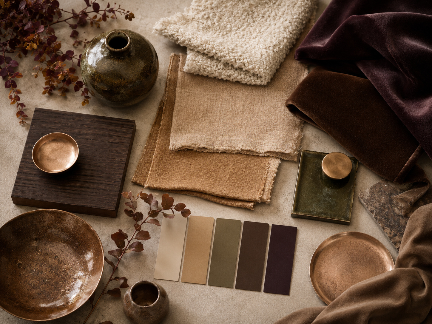 Planche d’inspiration automne 2026 associant brun chocolat, vert mousse, prune, lin, velours, bois foncé et métal chaud.