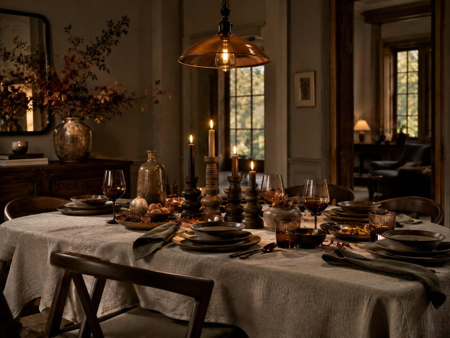 Salle à manger d’automne avec nappe claire, vaisselle en grès, bougeoirs et suspension en verre ambré.