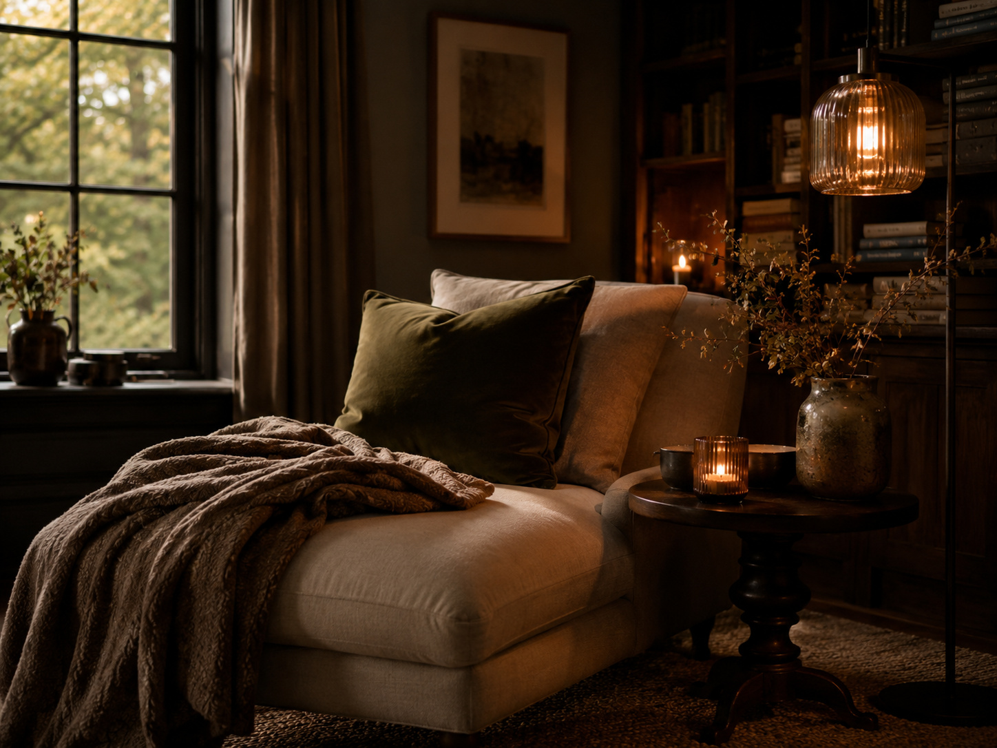 Salon cocooning d’automne avec méridienne claire, coussins vert mousse, plaid épais et éclairage ambré.