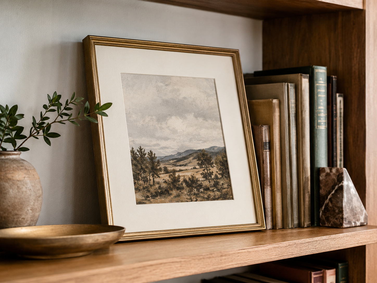 Cadre photo posé sur une étagère avec livres et objets décoratifs