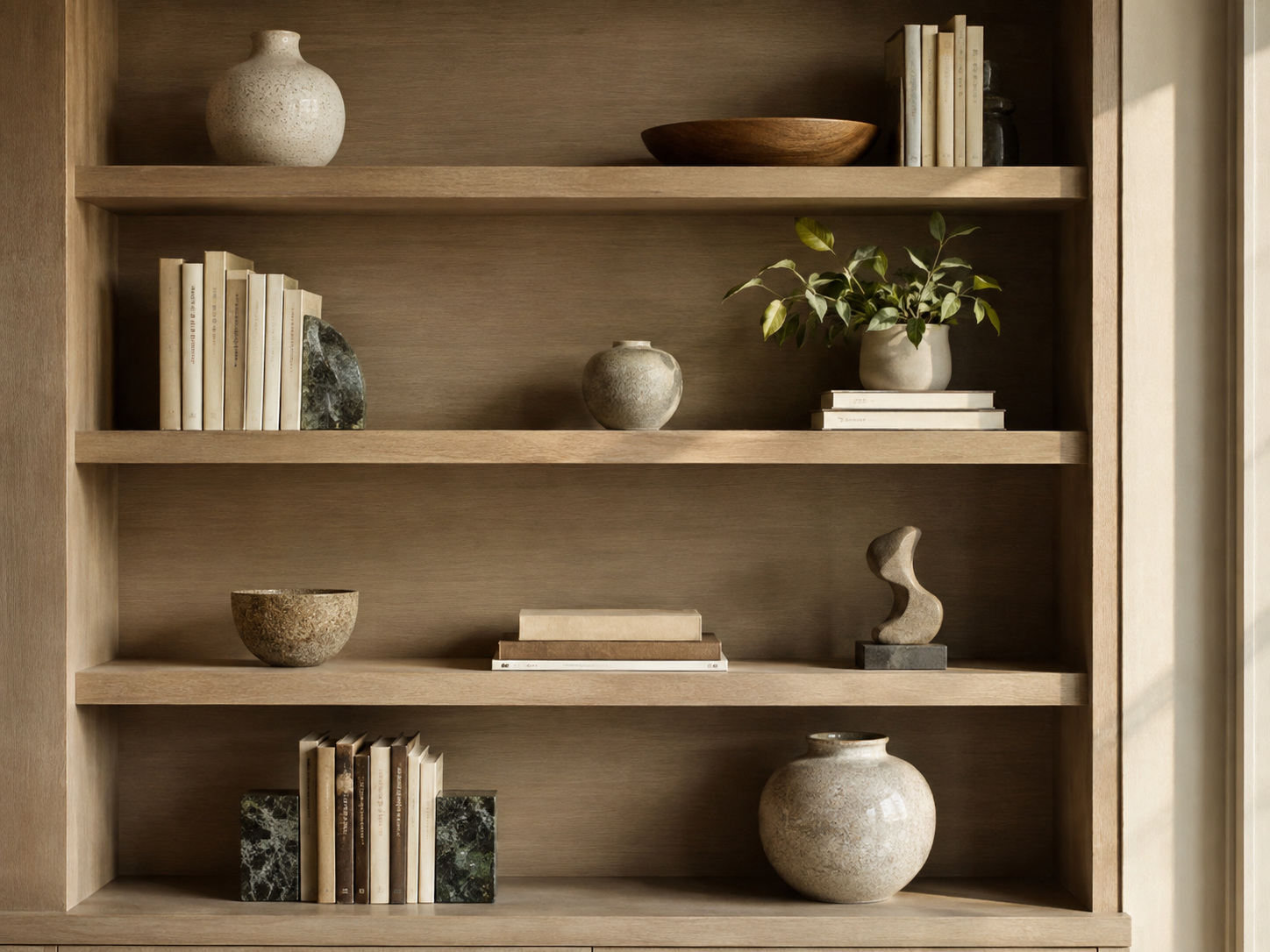 Étagère équilibrée avec livres, vase et zones de vide pour faire respirer la composition