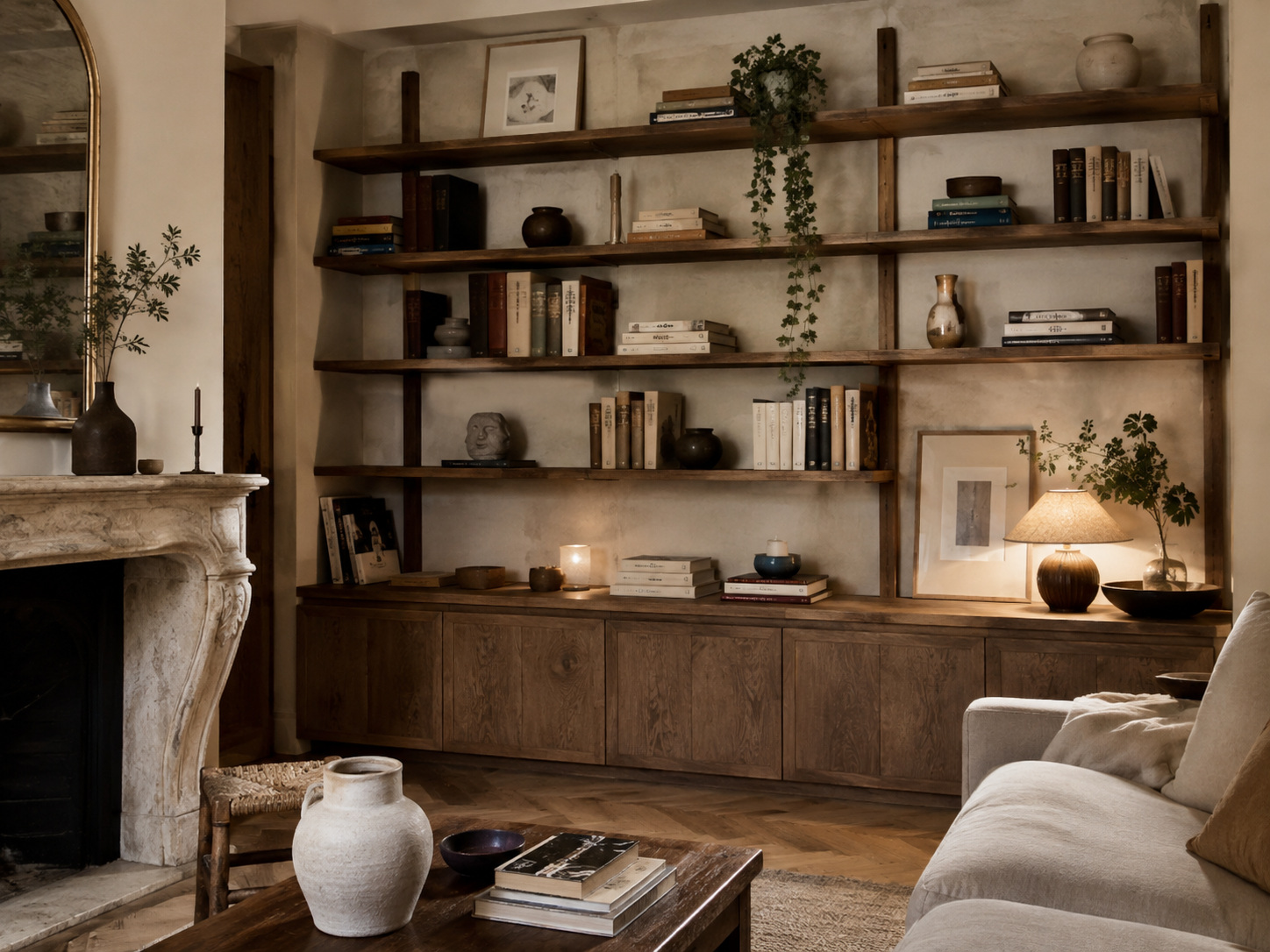 Bibliothèque murale chaleureuse avec livres, vase, plante, cadre et lampe à poser