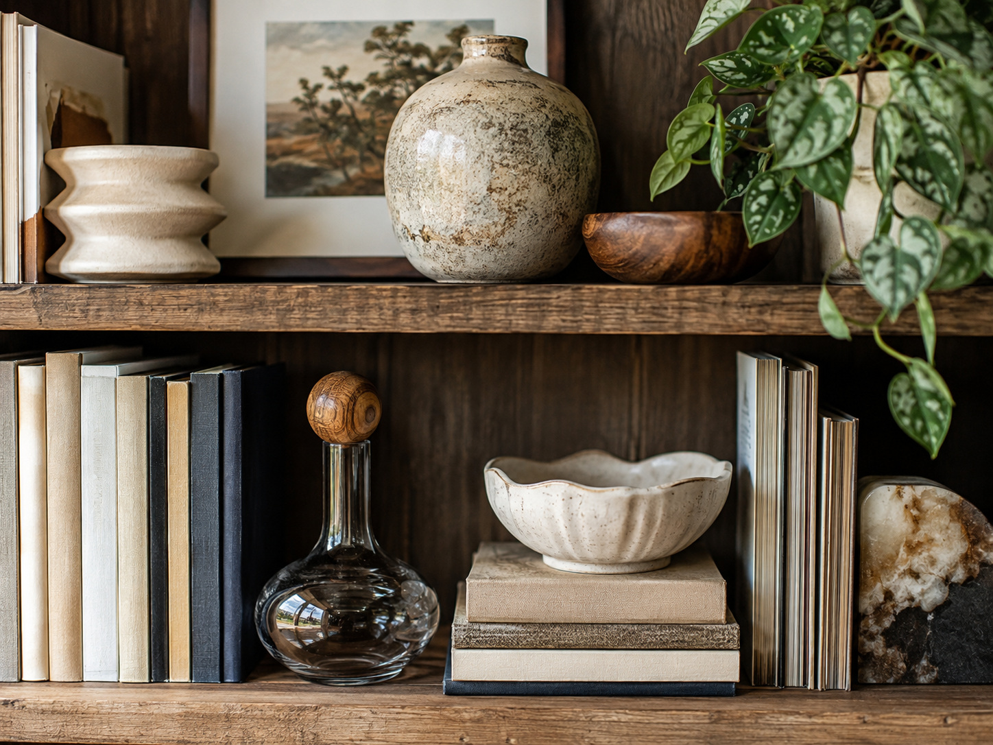 Étagère mêlant livres, céramique, verre, bois et végétal pour créer une composition texturée