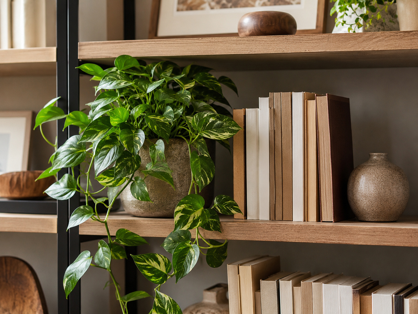 Plante verte en pot sur une étagère pour casser les lignes et apporter du mouvement