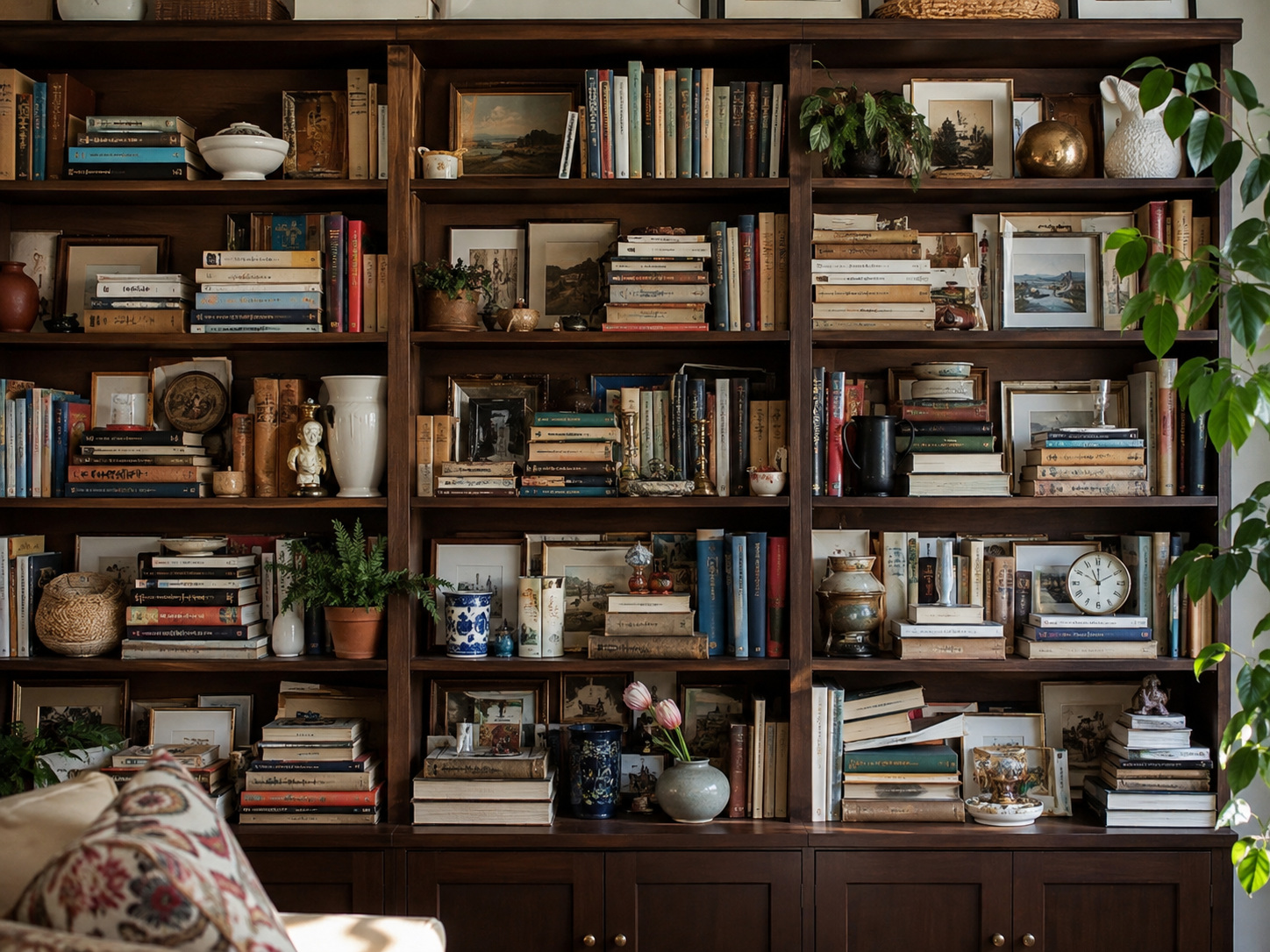 Étagère de bibliothèque trop chargée de livres et objets, exemple de composition saturée