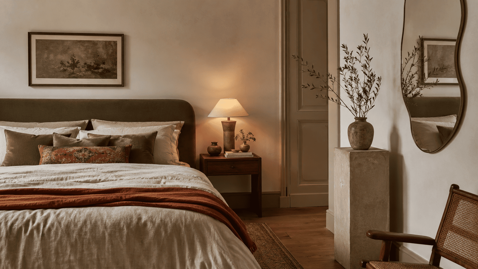 Chambre adulte contemporaine 2026 avec lit habillé, lampe douce, miroir, sellette, vase céramique et textiles naturels.