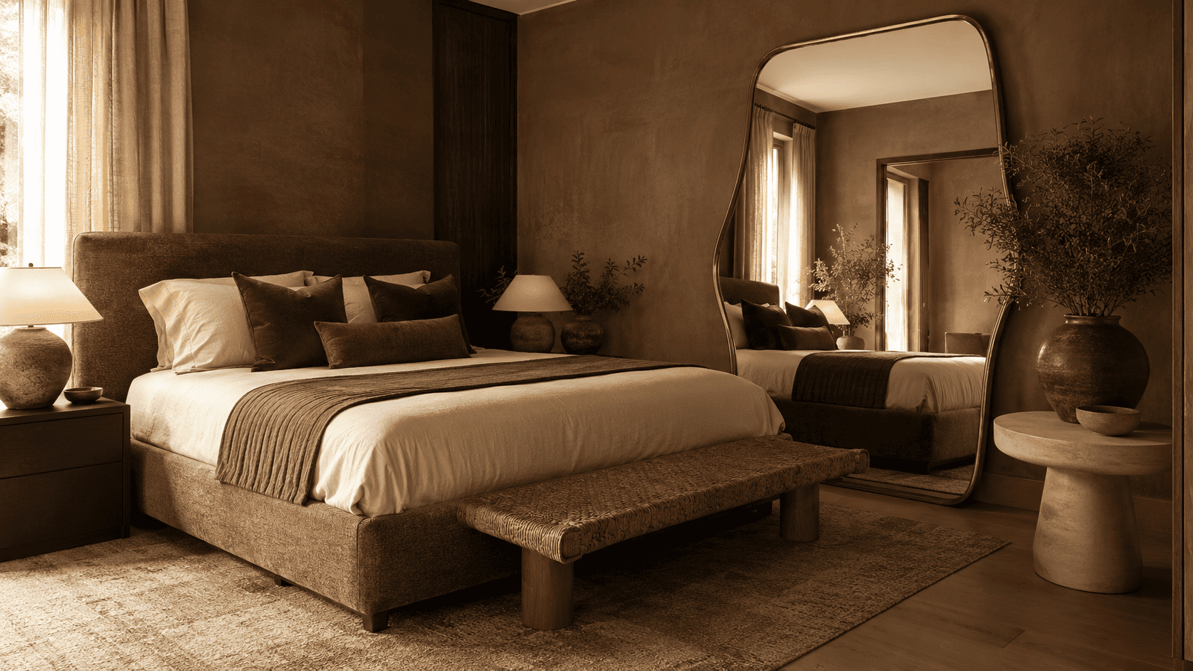 Chambre adulte singulière et chaleureuse avec style affirmé, luminaires, coussins, vases, miroir et matières naturelles.