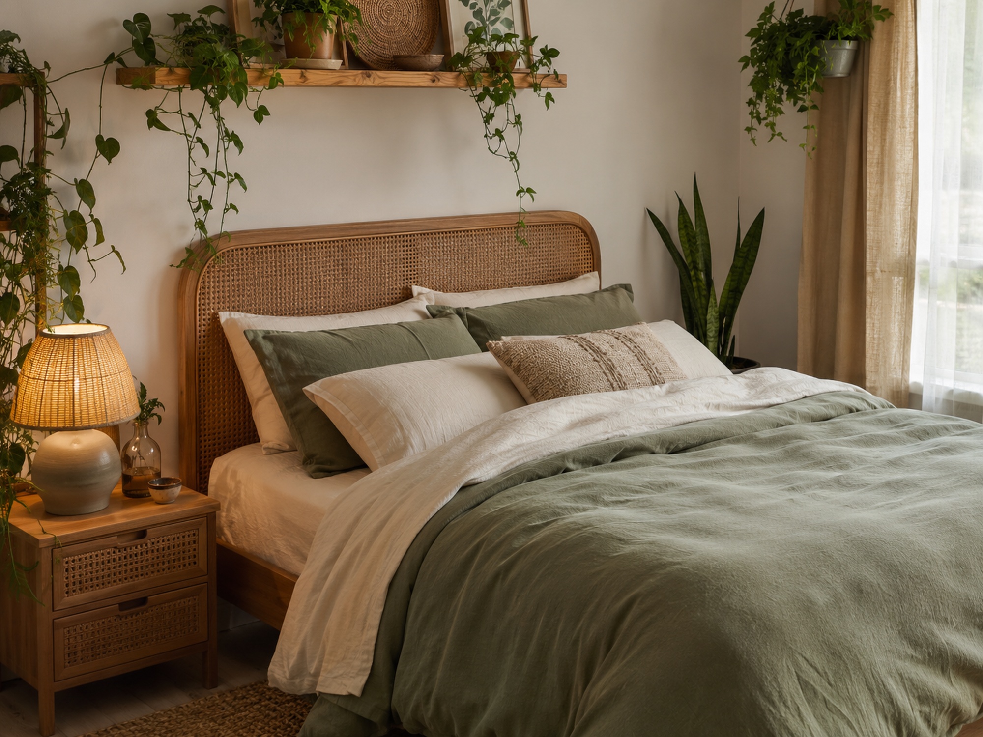 Chambre végétale avec tête de lit en rotin, linge de lit vert sauge et plantes suspendues.