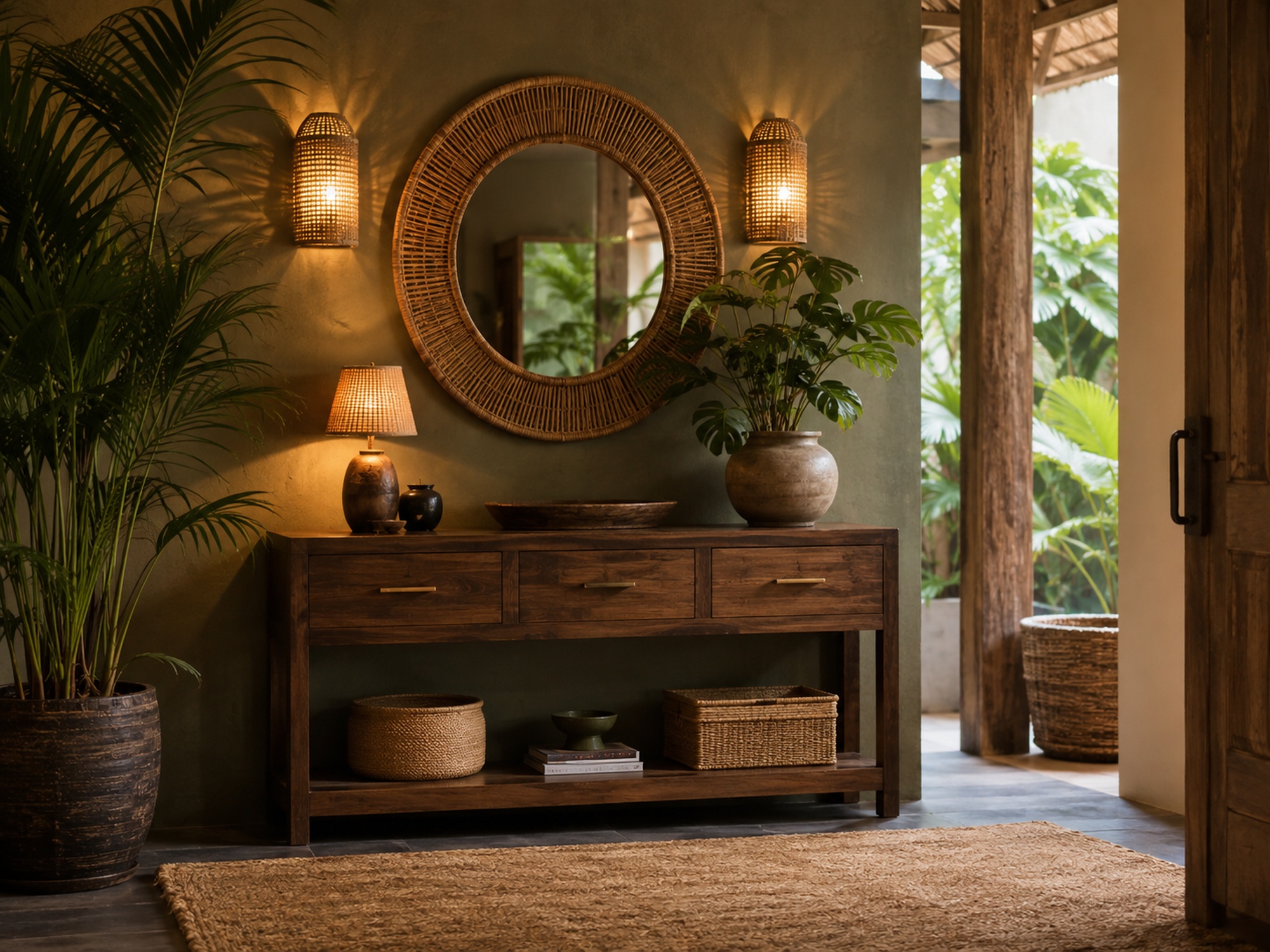 Entrée jungle avec miroir en rotin, console en bois sombre, appliques tressées et plante verte.