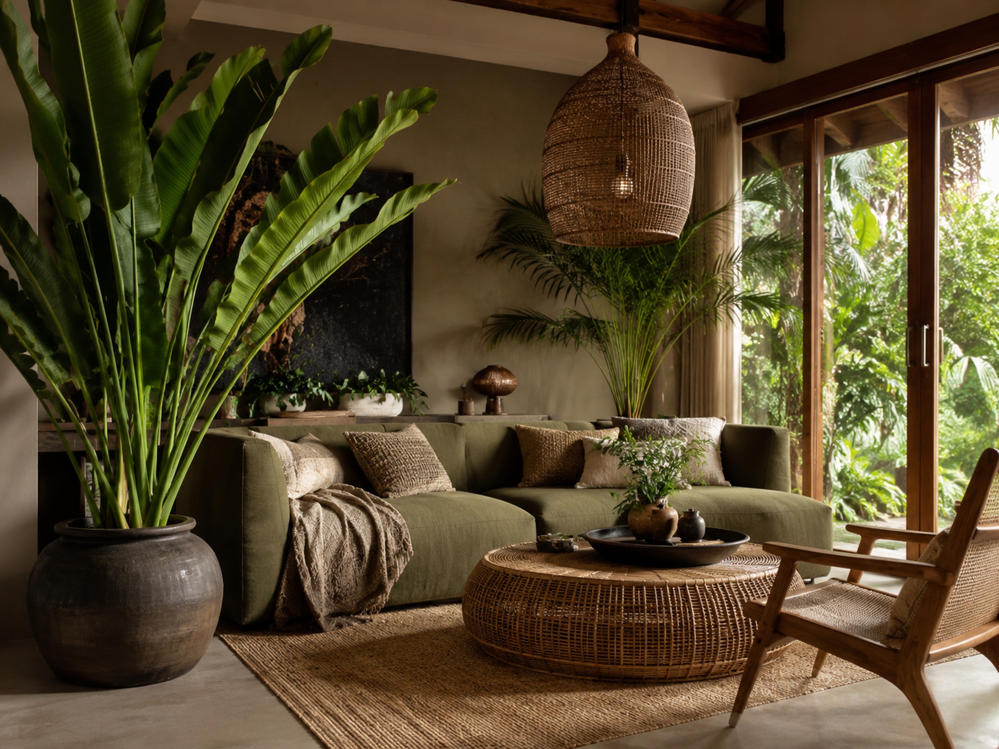 Salon jungle chaleureux avec canapé vert, table basse en rotin et grandes plantes tropicales.