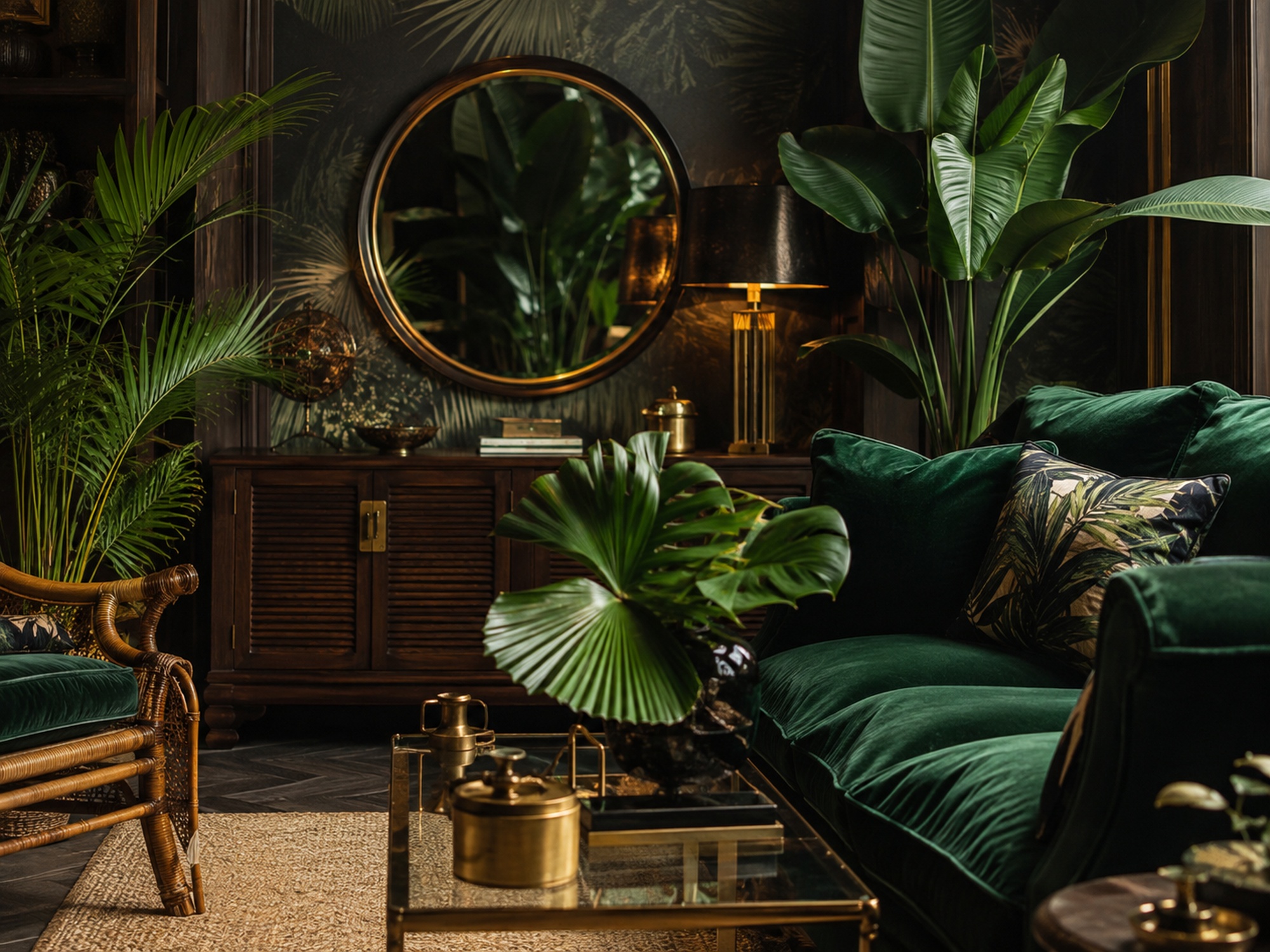 Salon jungle chic aux murs sombres, velours vert, laiton et grandes feuilles tropicales.