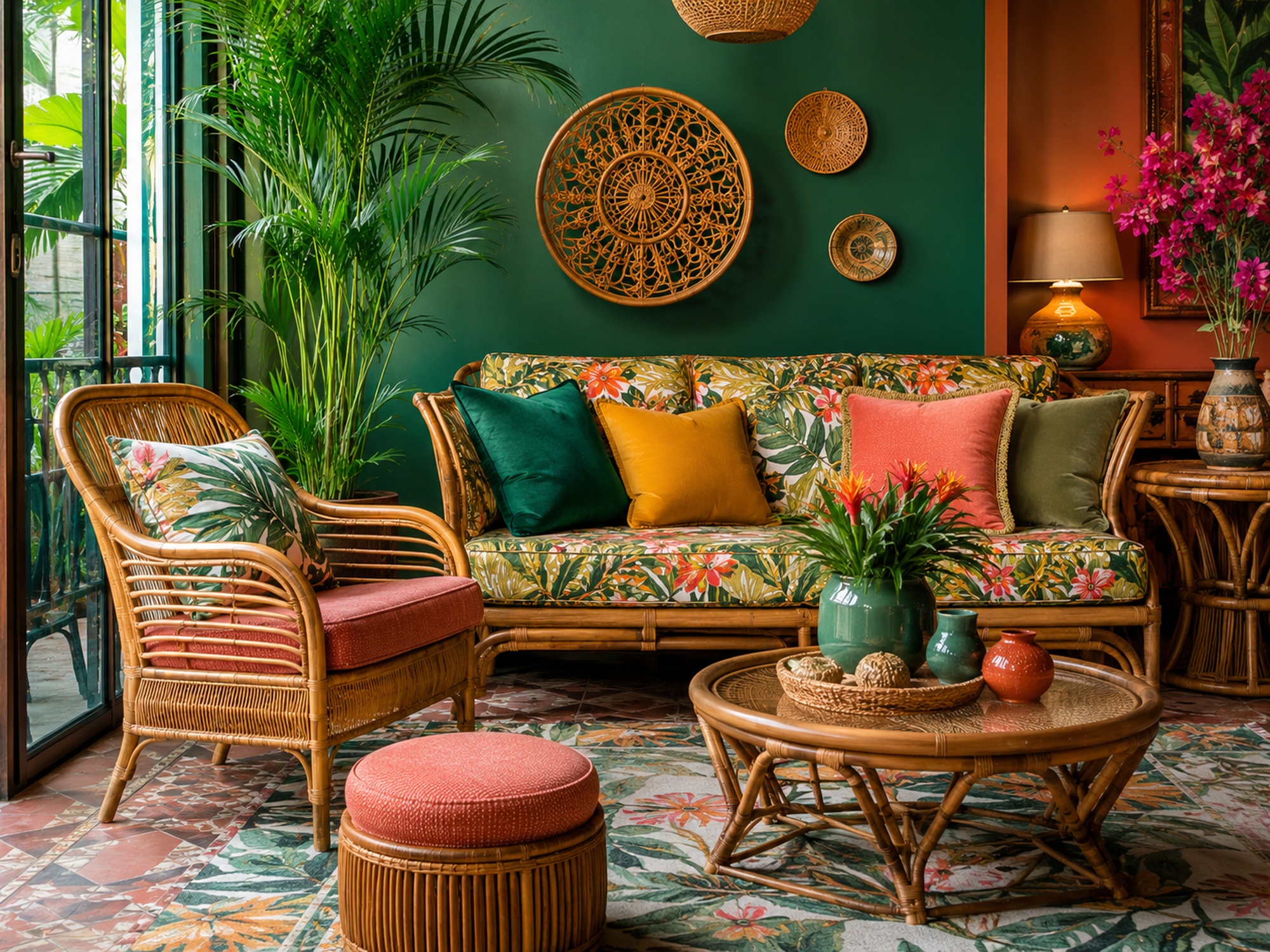 Salon jungle tropicale avec motifs feuillage, rotin, vert émeraude, corail et touches moutarde.