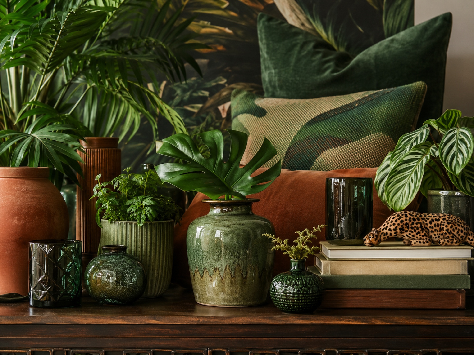 Objets déco jungle en céramique verte, terracotta, feuillage tropical et coussins texturés.